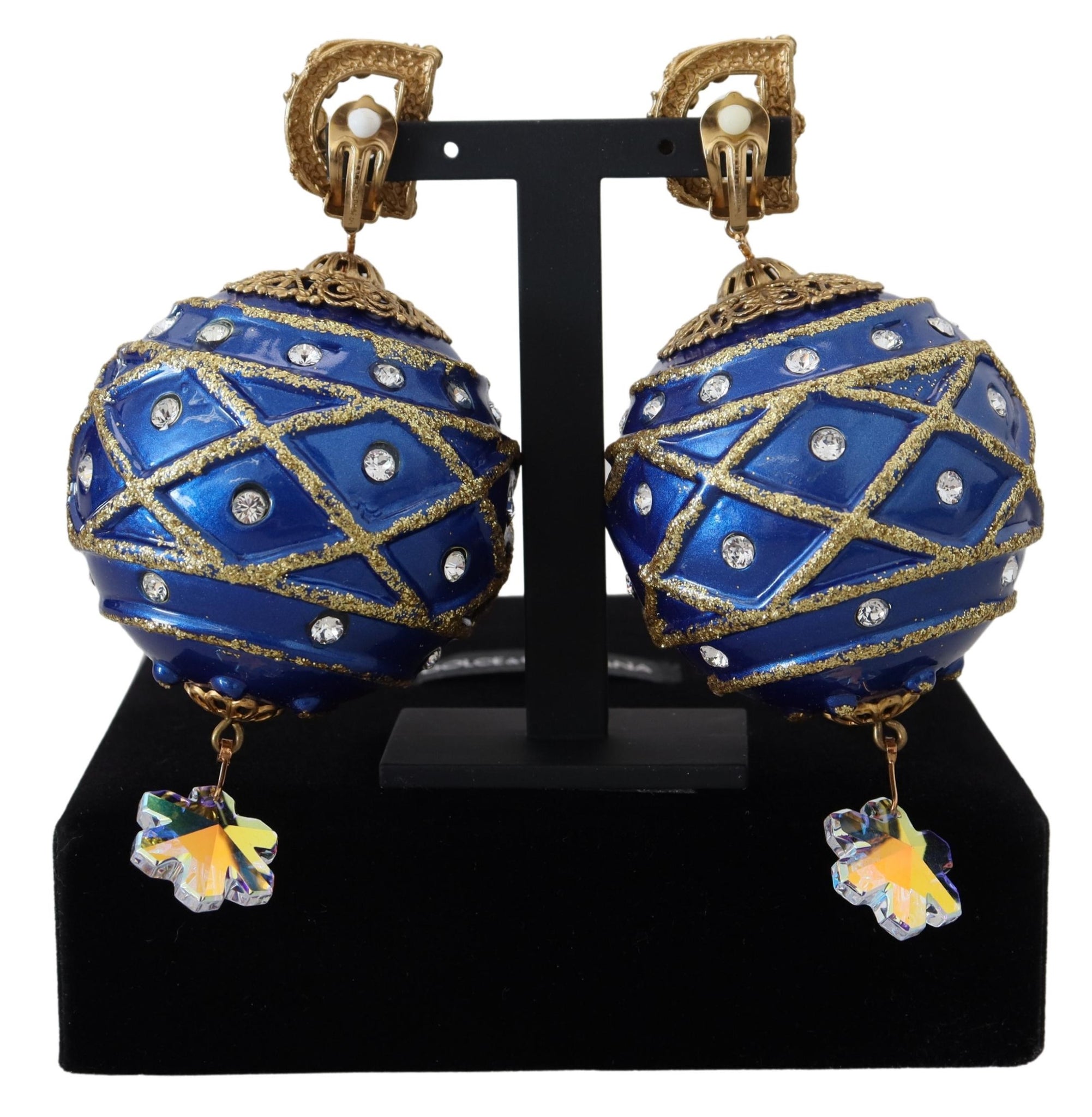 Dolce & Gabbana Gold Brass Blue Dangle Ball Crystal Clip On Earrings