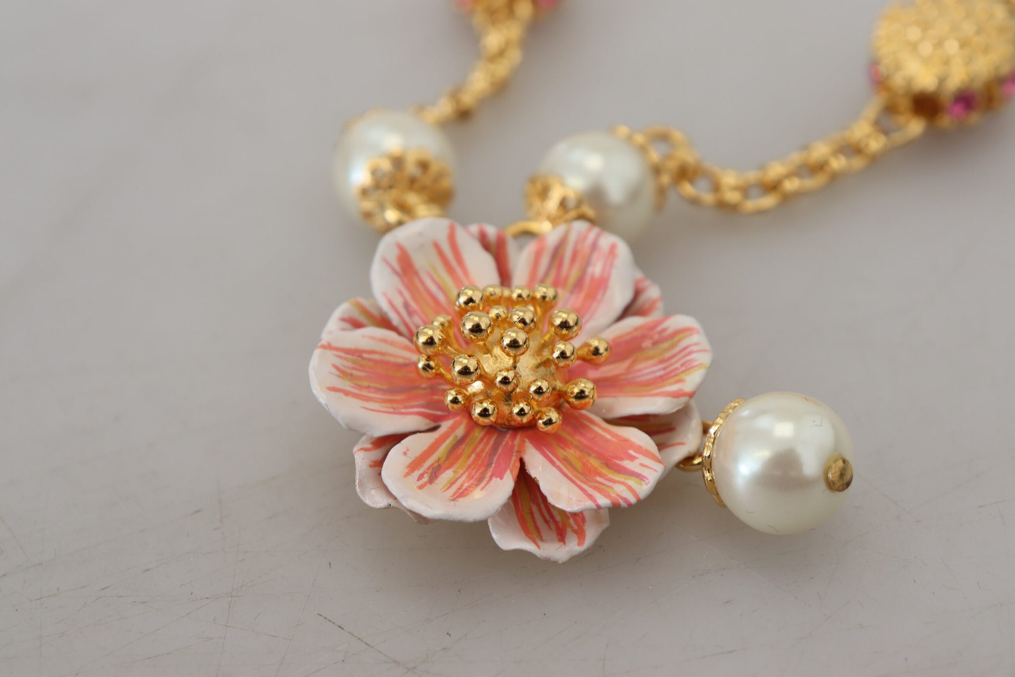 Dolce & Gabbana Gold Tone Floral Crystals Pink Embellished Necklace