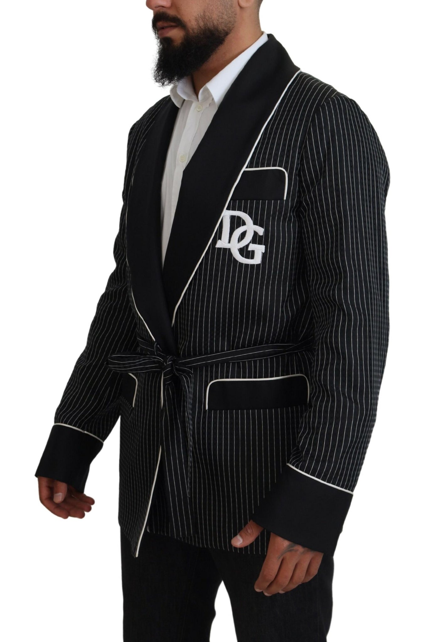 Dolce & Gabbana Black Robe Striped DG Patch Jacket Men Blazer