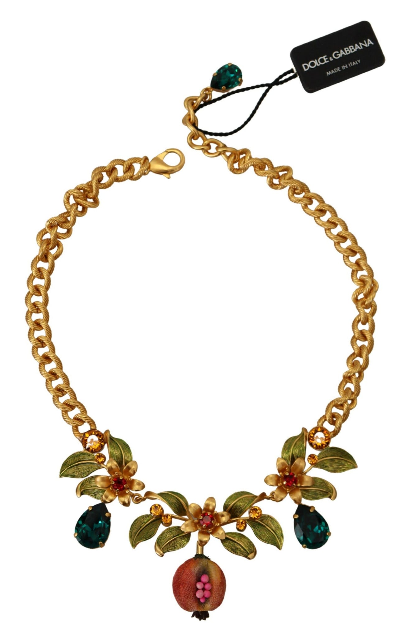 Dolce & Gabbana Gold Brass Crystal Logo Fruit Floral Statement Necklace