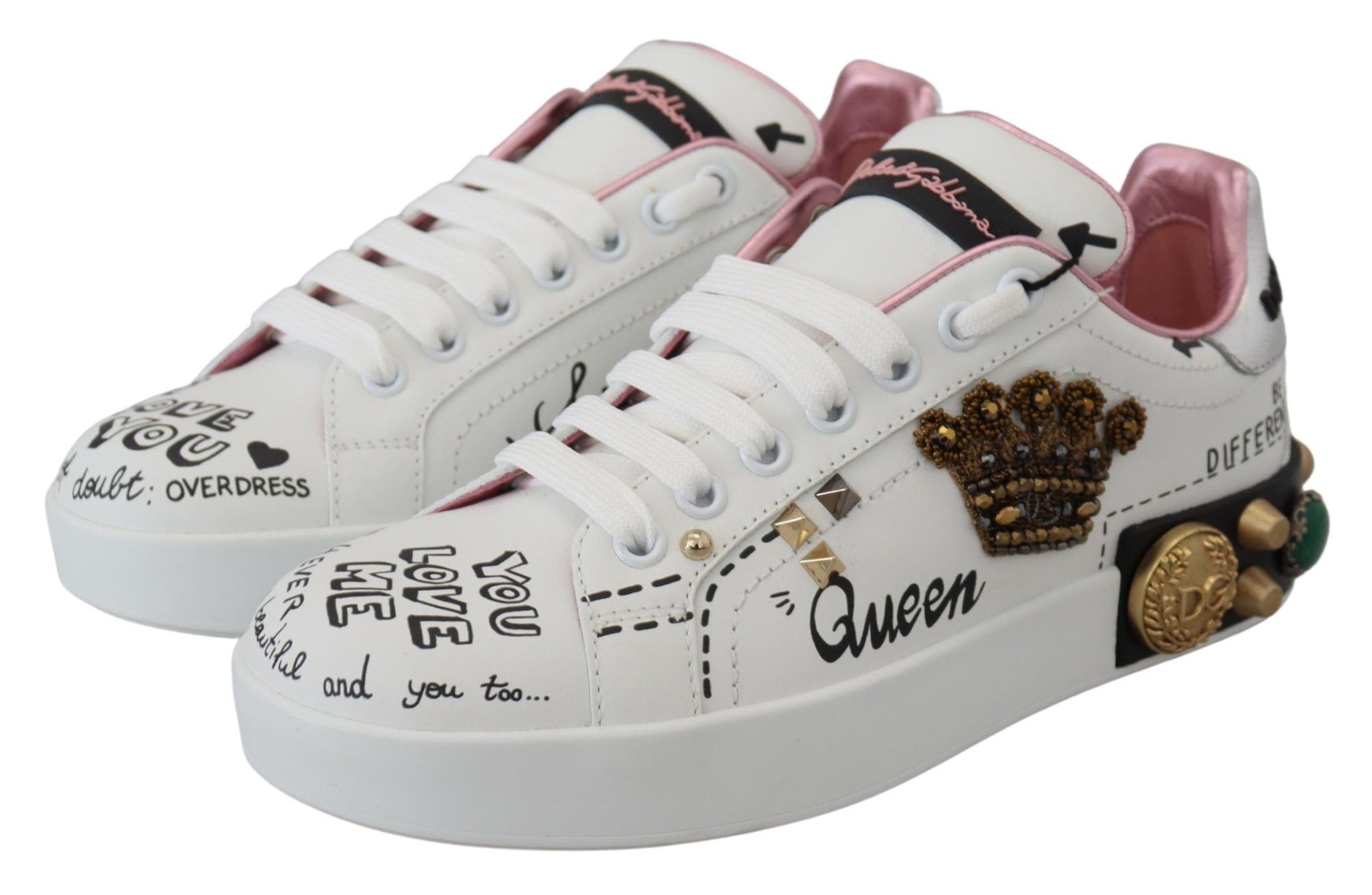 White Leather Crystal Queen Crown Sneakers Shoes