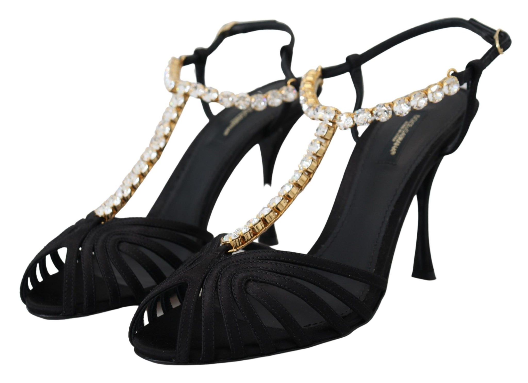 Black Satin Clear Crystal T-strap Sandal Shoes