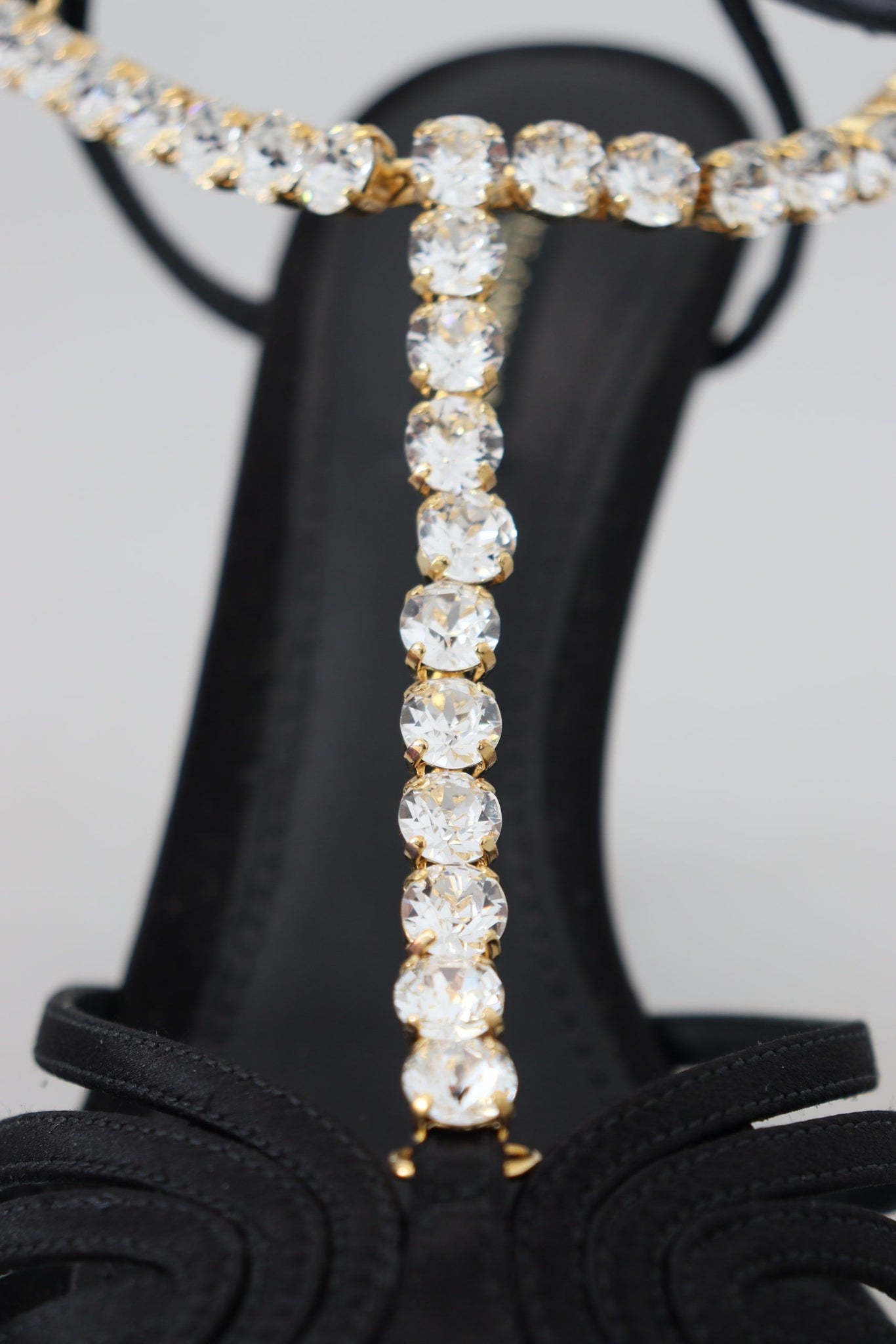 Black Satin Clear Crystal T-strap Sandal Shoes