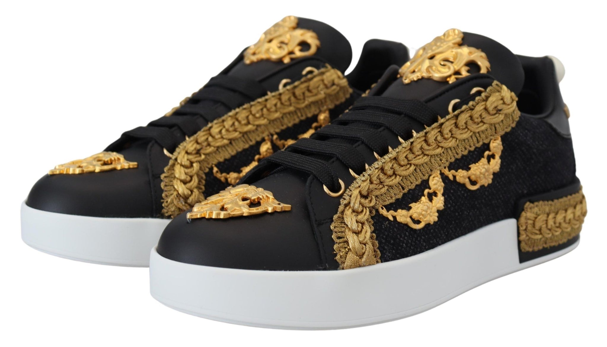 Black Gold Baroque Portofino Leather Sneakers Shoes