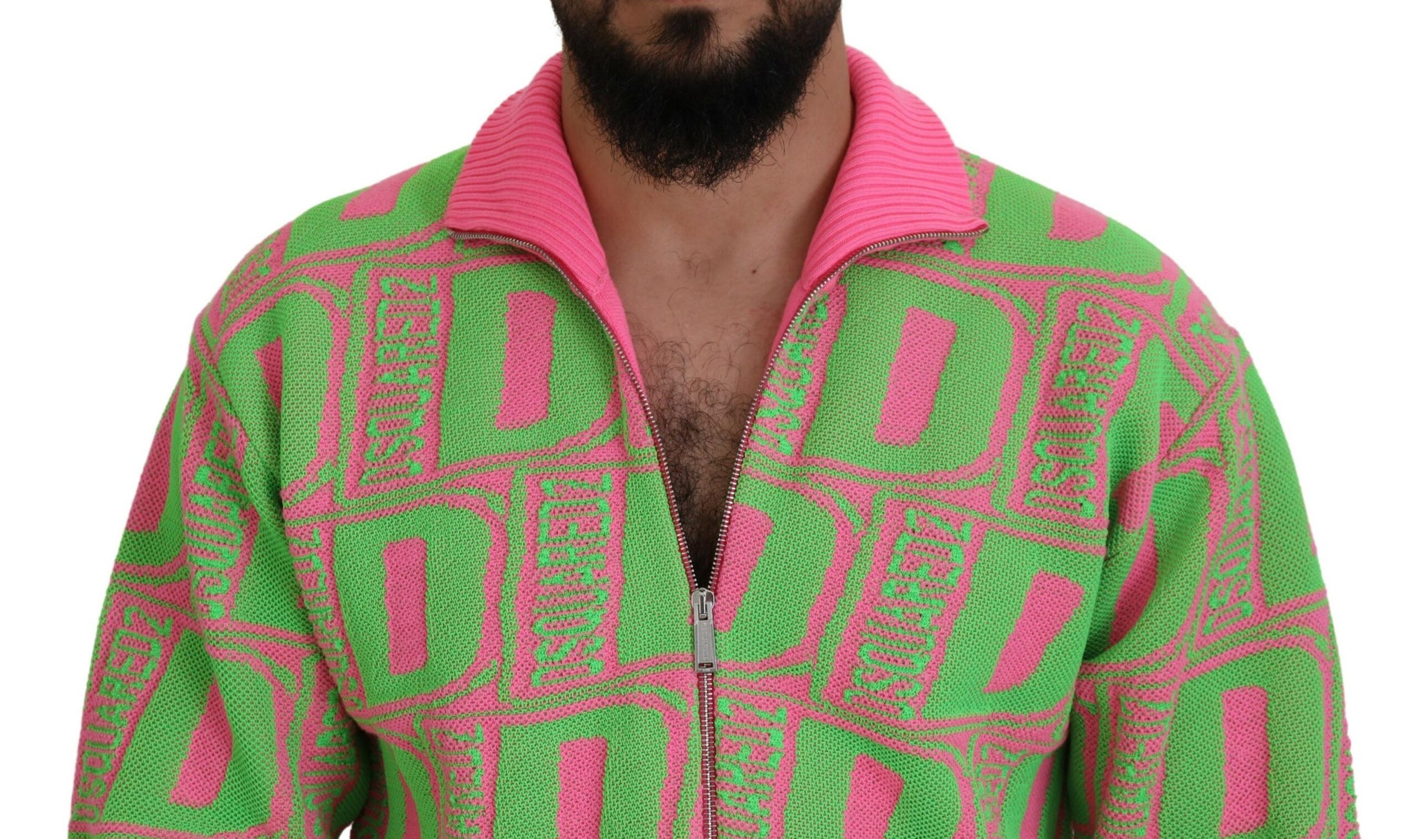 Dsquared² Pink Green Collared Long Sleeves Full Zip Sweater