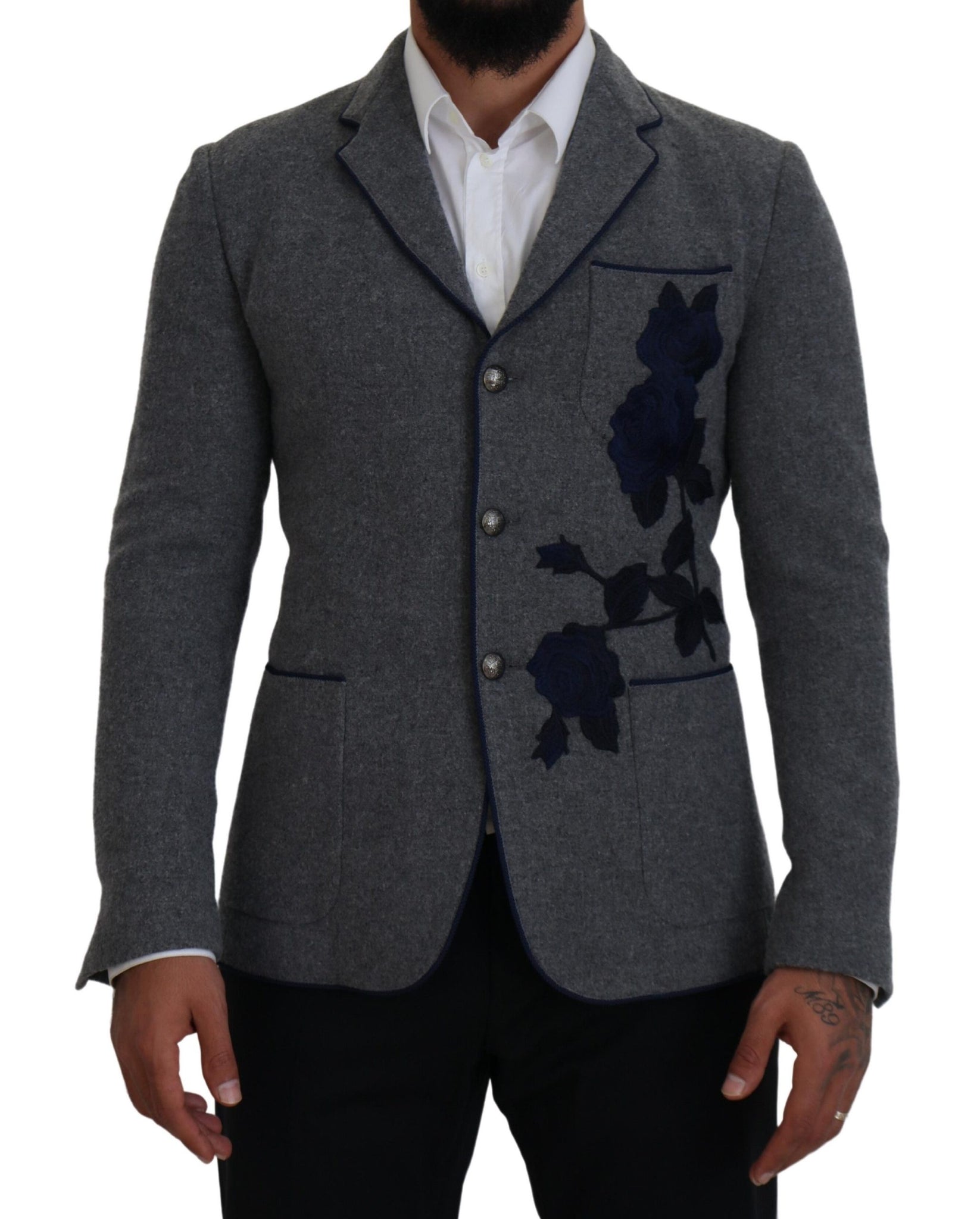 Gray Wool Roses Slim Fit Jacket Blazer