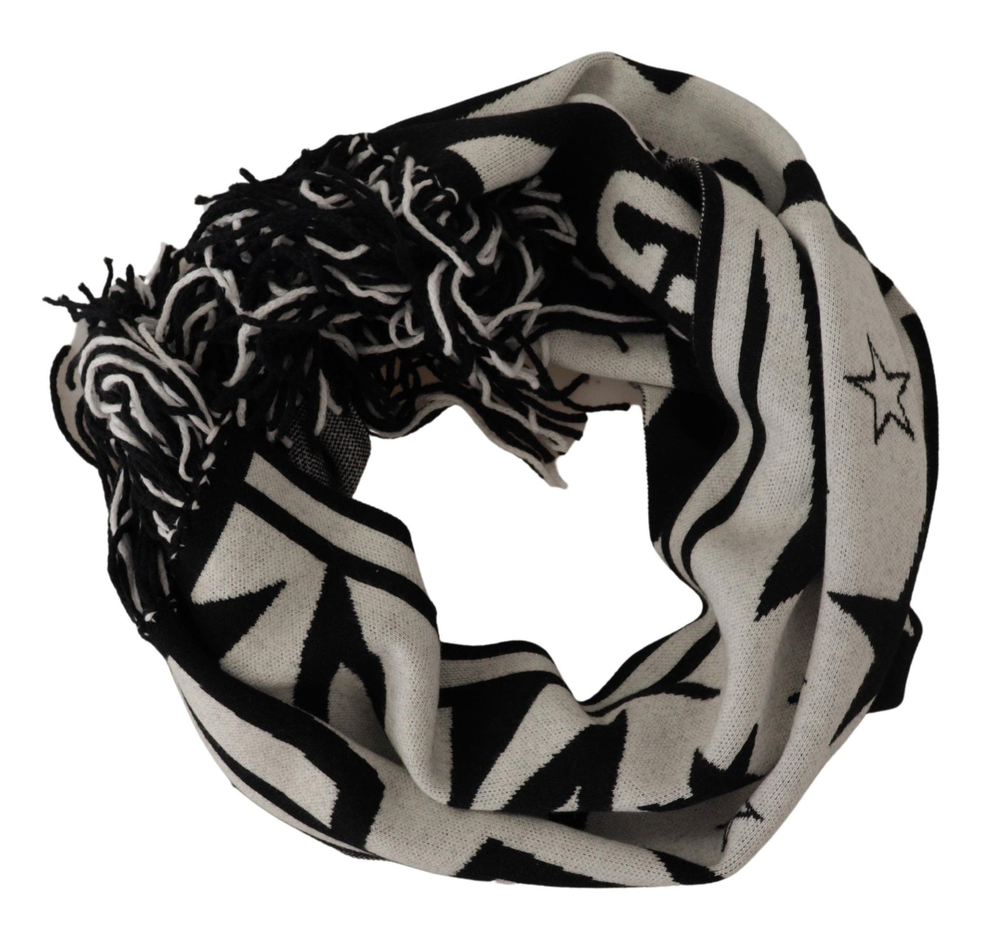 White Black DG Logo Star Printed Wool Fringe Scarf