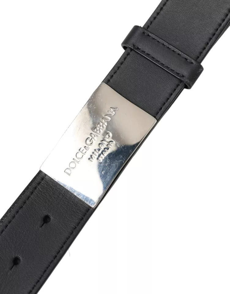 Dolce & Gabbana Black Leather Silver Rectangle Buckle Belt