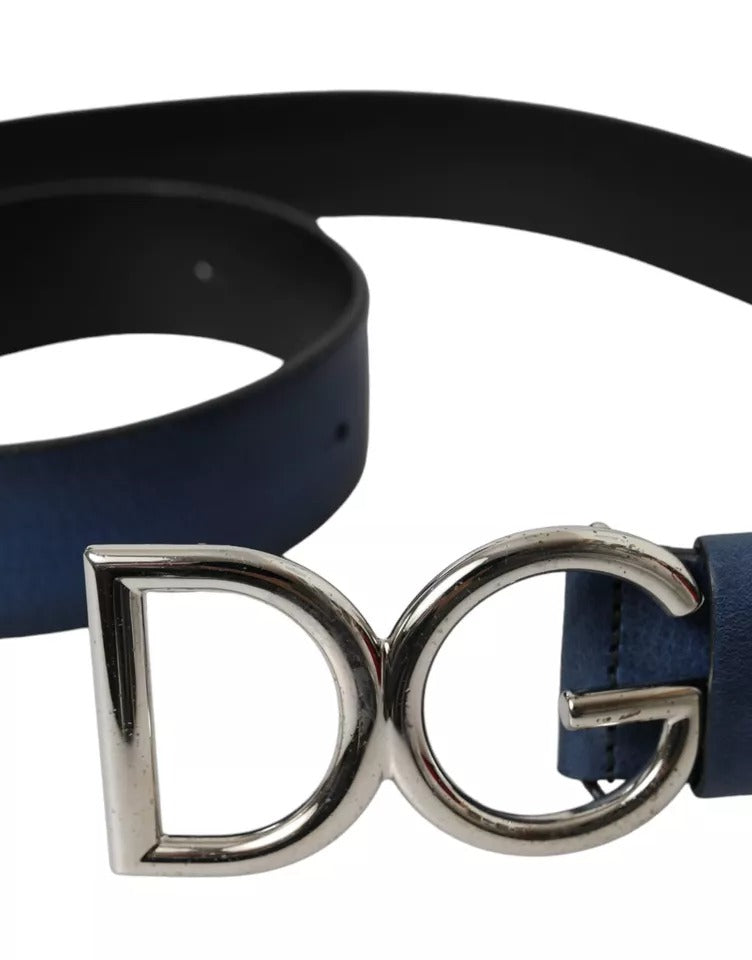 Dolce & Gabbana Blue Calf Leather Silver DG Logo Buckle Belt