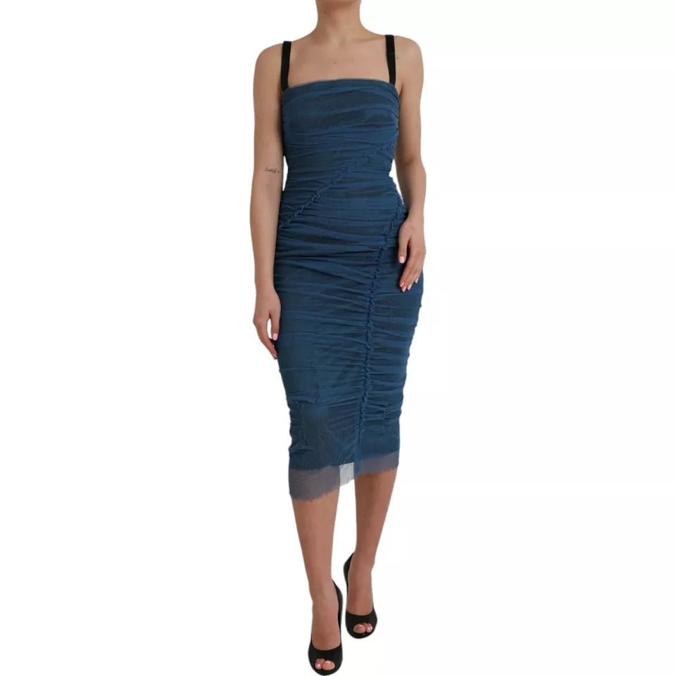 Dolce & Gabbana Blue Mesh Trim Ruched Tulle Sheath Dress