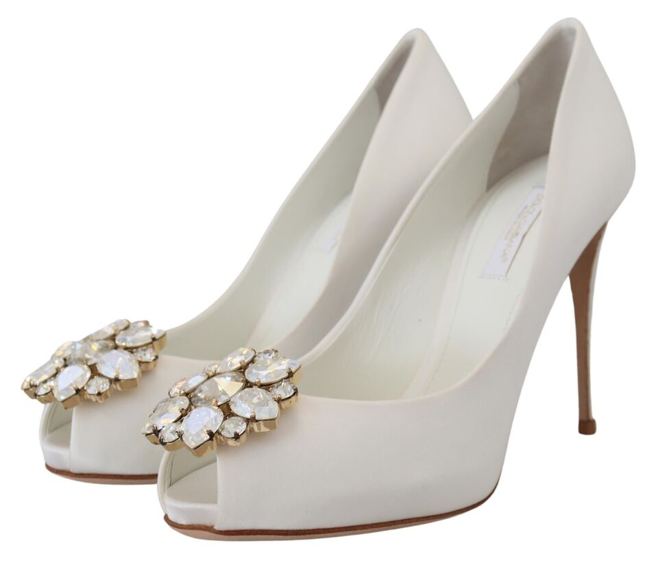 Dolce & Gabbana White Crystals Peep Toe Heel Satin Pumps