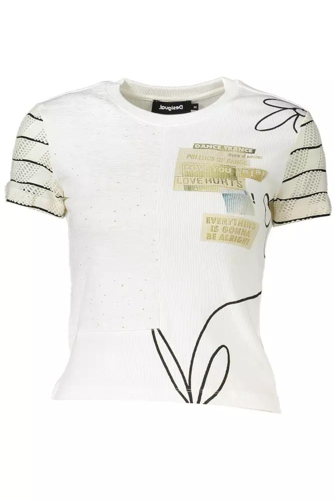 Desigual Chic White Printed Tee with Contrast Detail