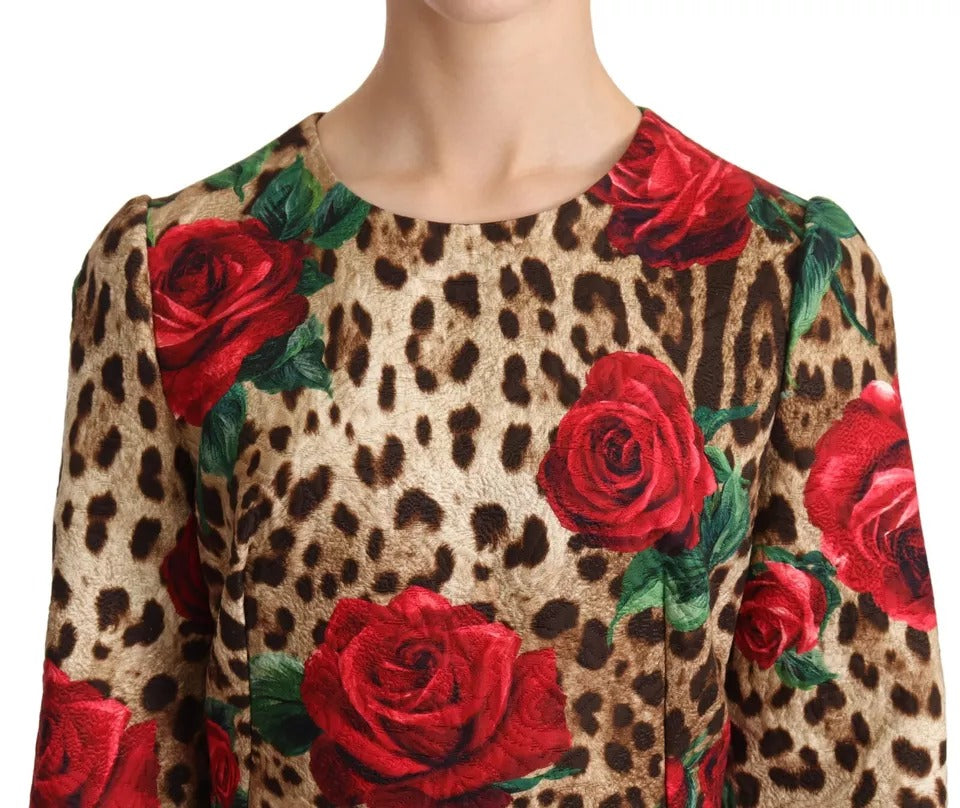 Dolce & Gabbana Brown Leopard Red Roses Cotton A-line Dress