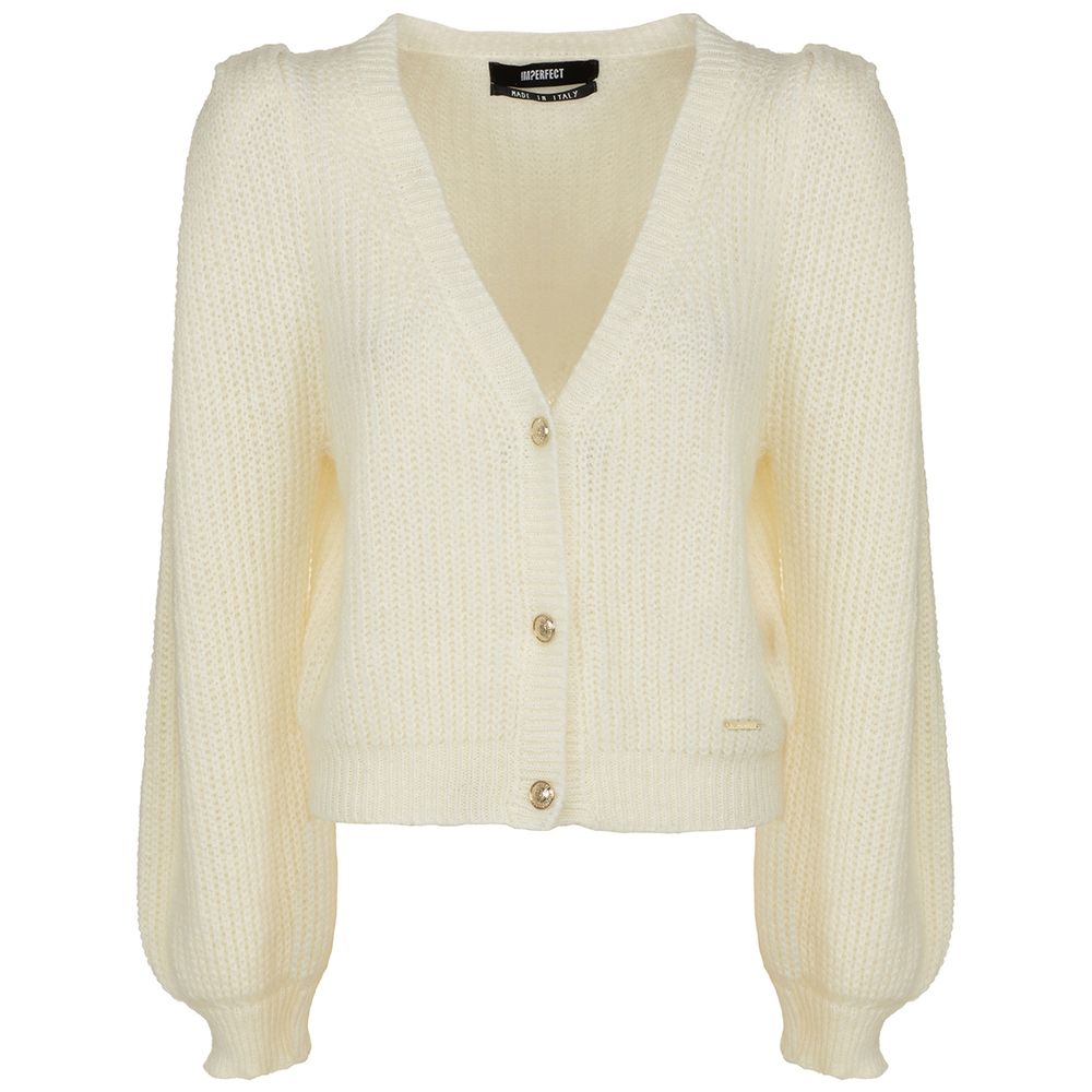 Imperfect Elegant White V-Neck Cardigan With Golden Buttons