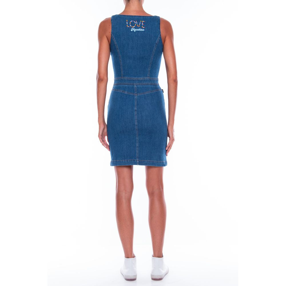 Love Moschino Chic Sleeveless Denim Dress with Beaded Logo