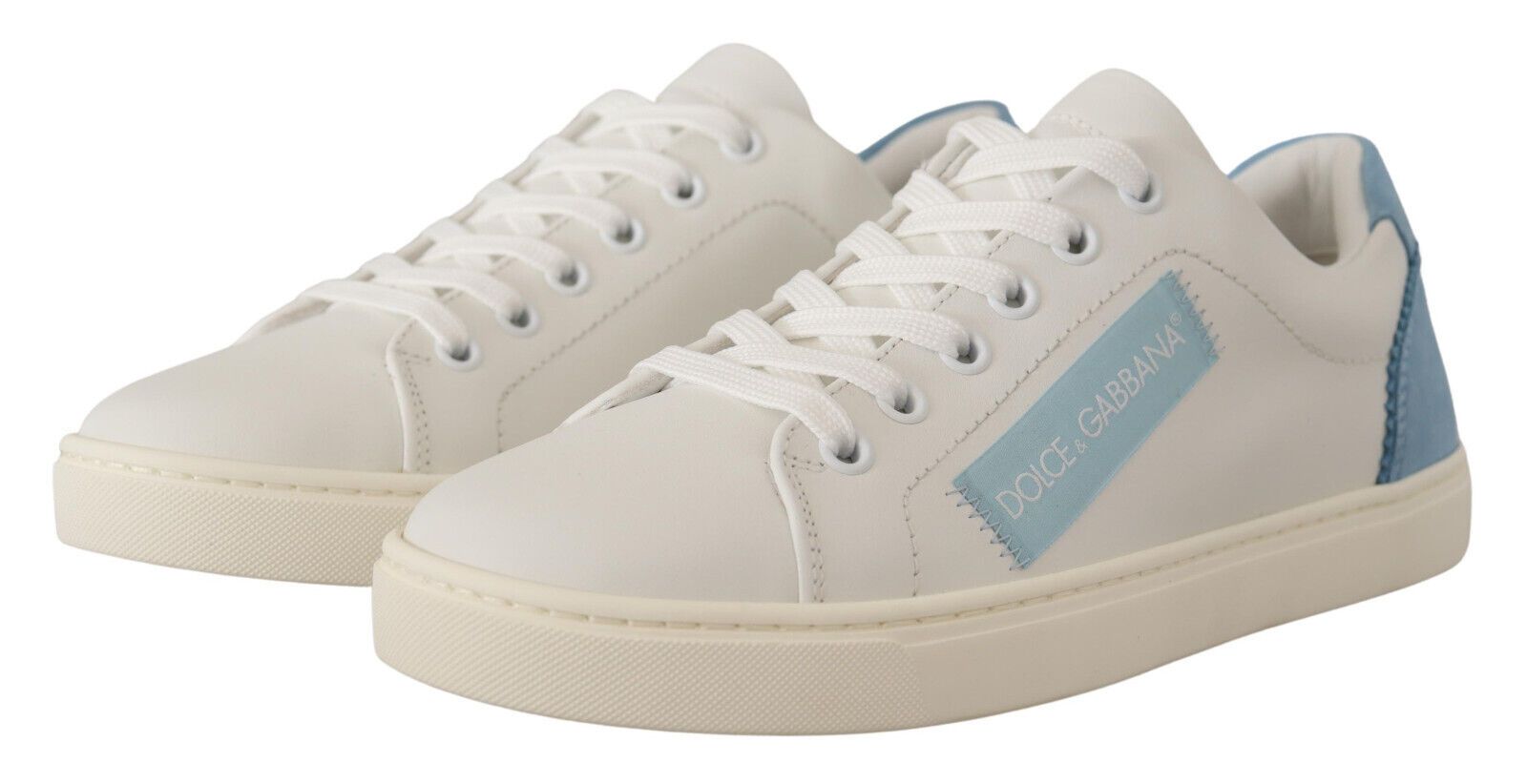 White Blue Leather Low Top Sneakers Shoes