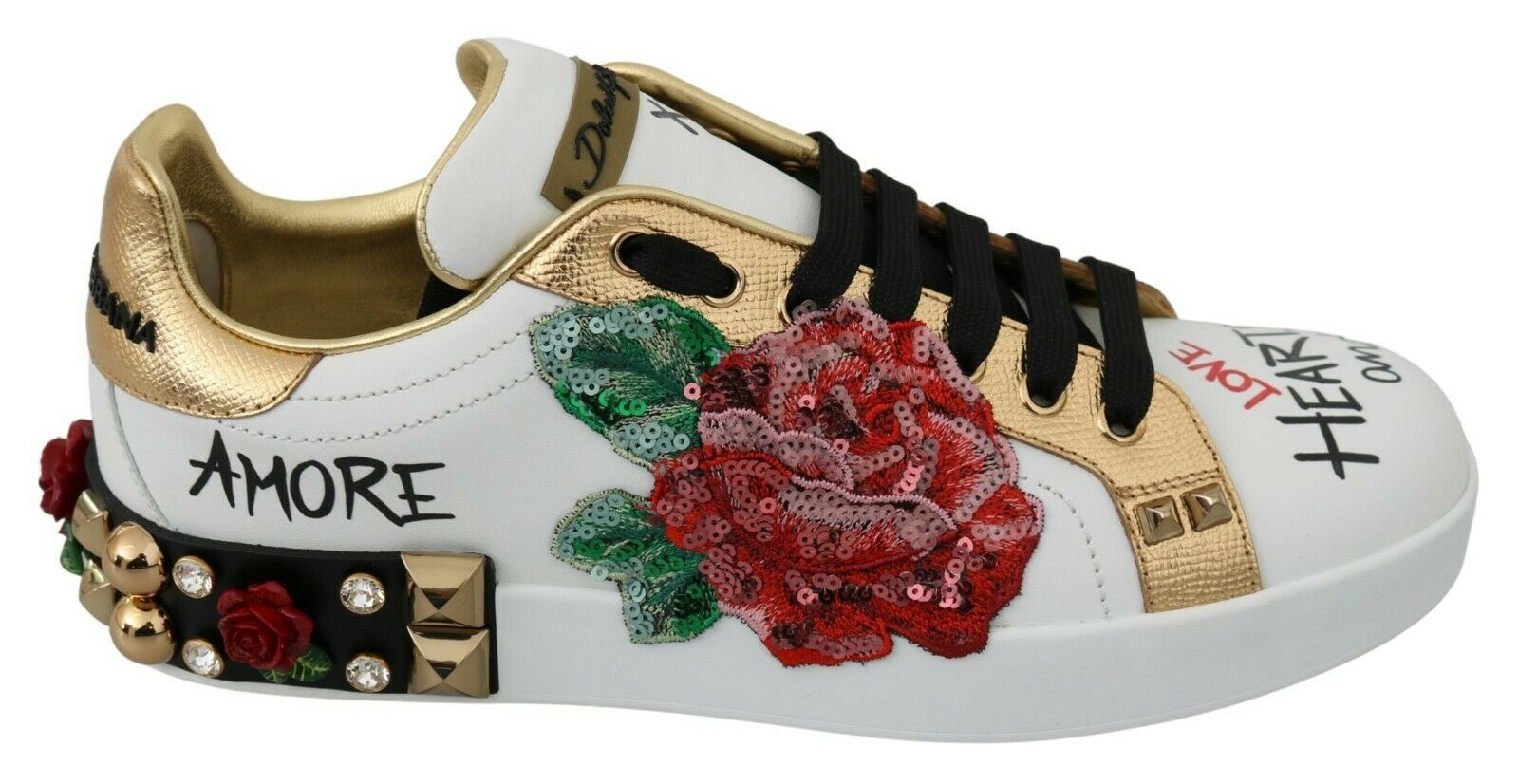 Dolce & Gabbana White Roses Sequined Crystal Womens Sneakers Shoes