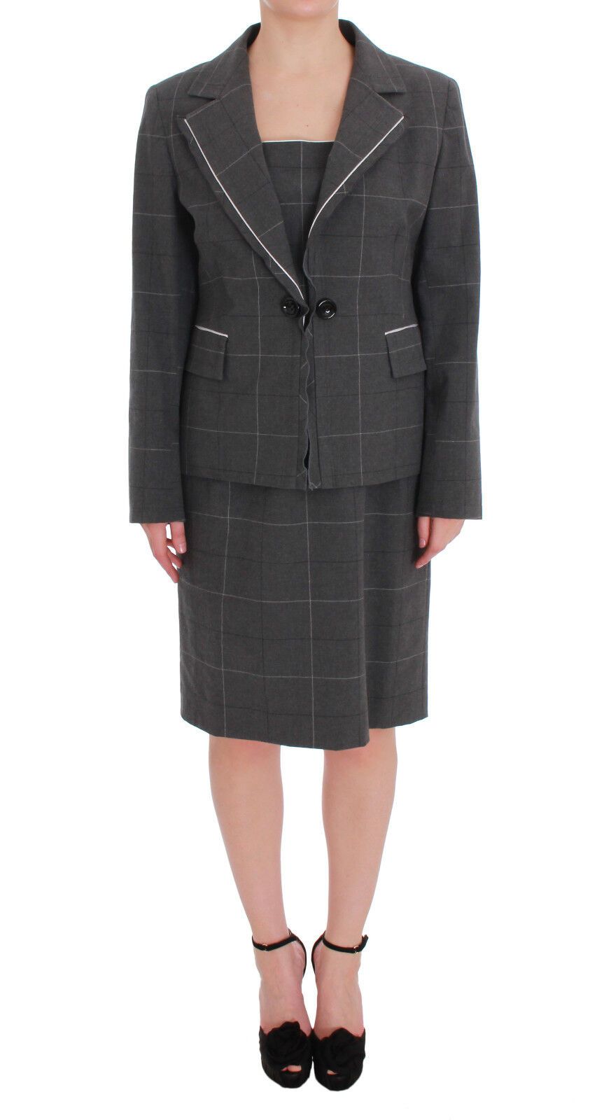 Gray Checkered Cotton Blazer Dress Set Suit