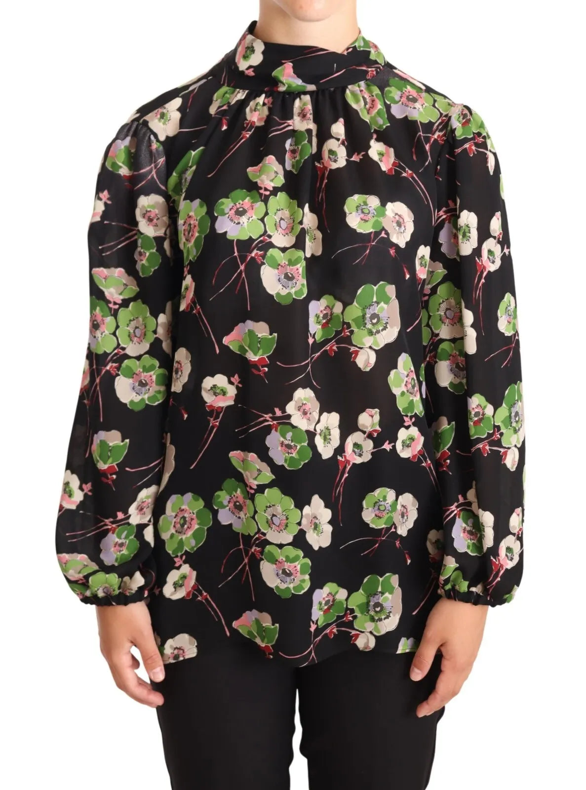 Dolce & Gabbana Silk Black Floral Print Long Sleeve Top Blouse