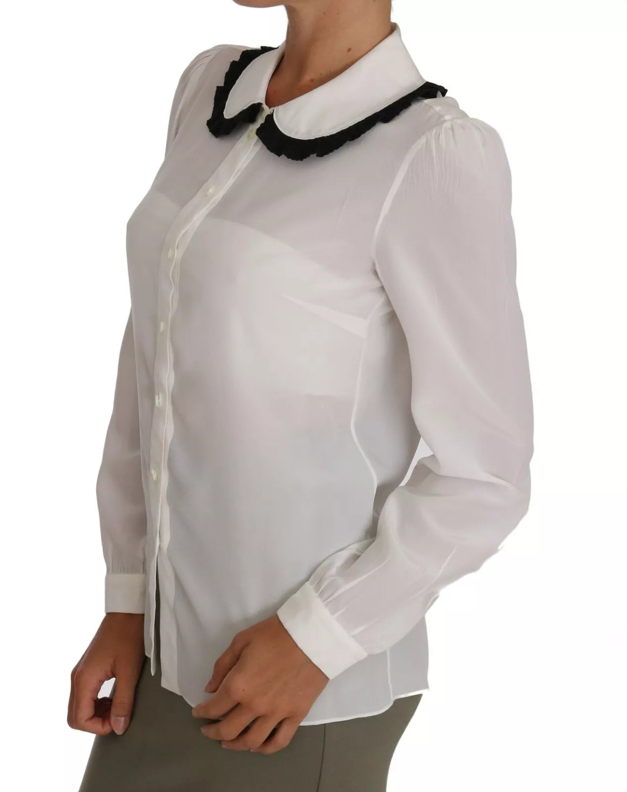 Dolce & Gabbana White Silk Shirt Ruffle Rouded Collar Blouse