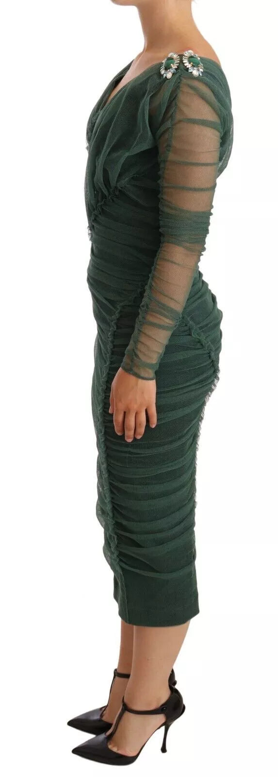 Dolce & Gabbana Green Mesh Crystal Ruched Tulle Midi Dress