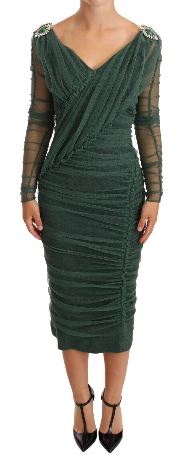 Dolce & Gabbana Green Mesh Crystal Ruched Tulle Midi Dress