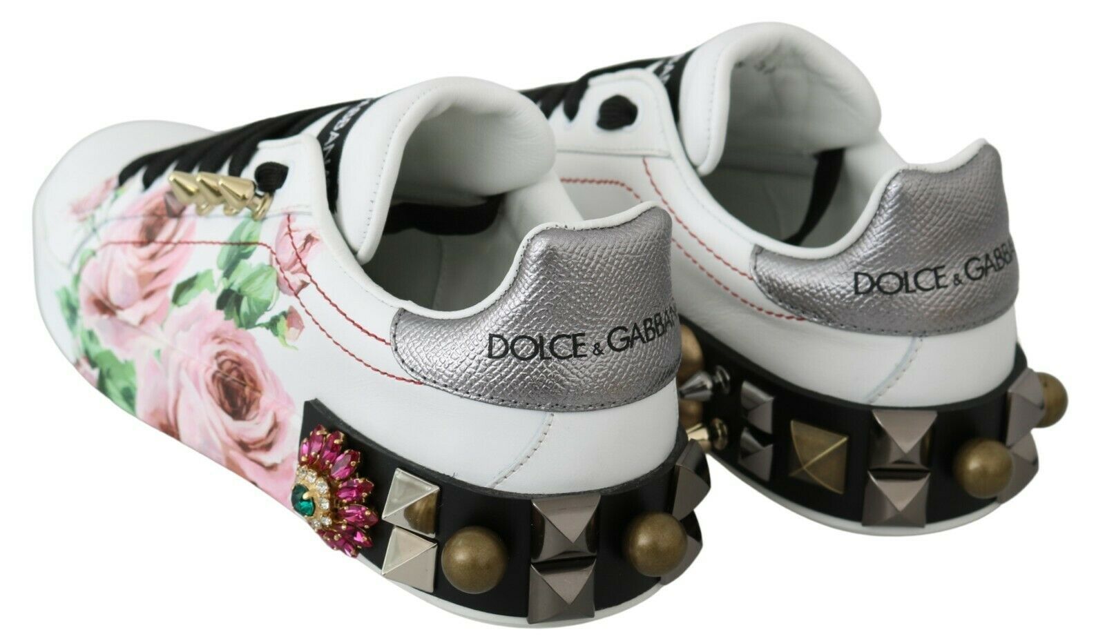 White Leather Crystal Roses Floral Sneakers Shoes