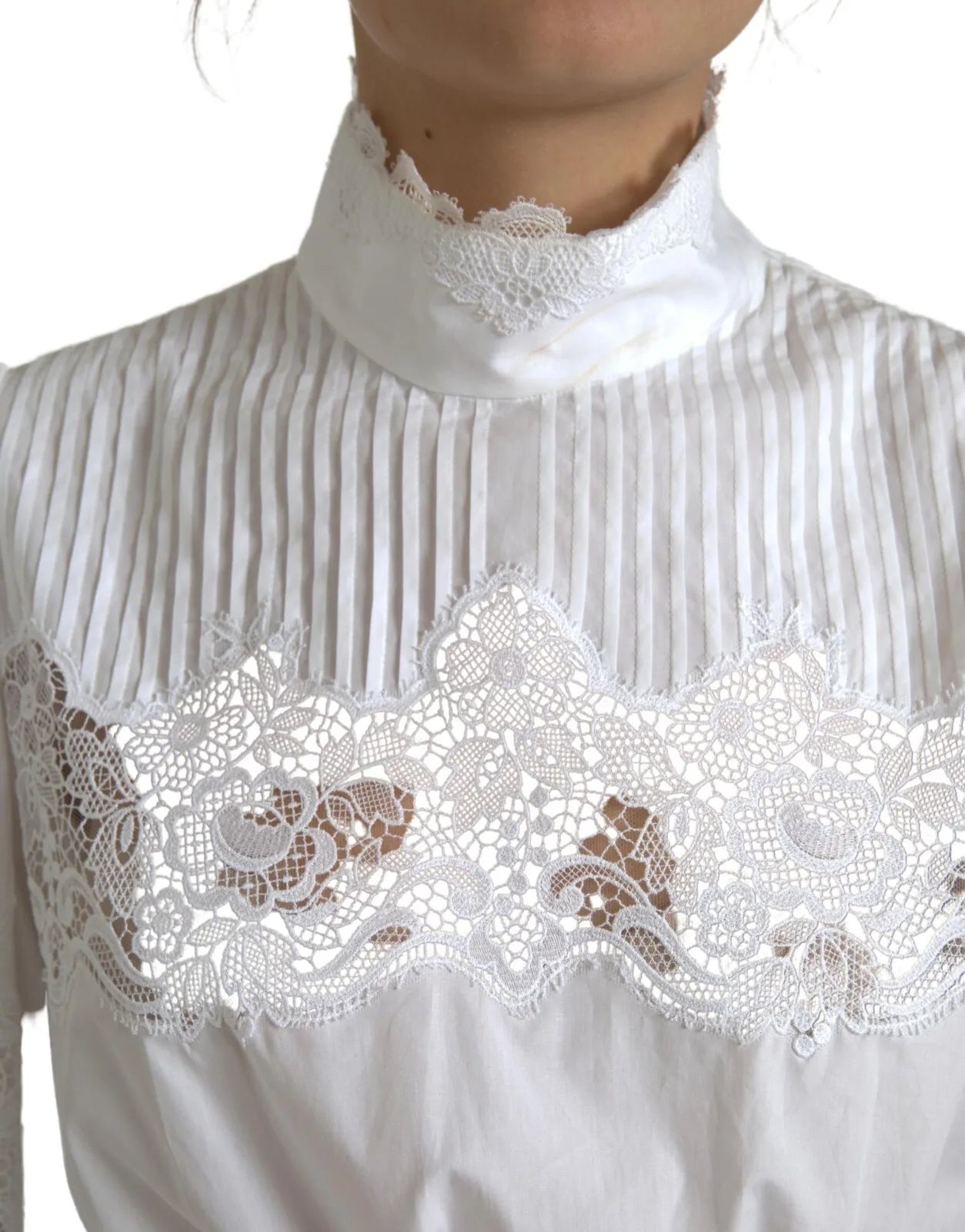 Dolce & Gabbana White Cotton Lace Trim Turtle Neck Blouse