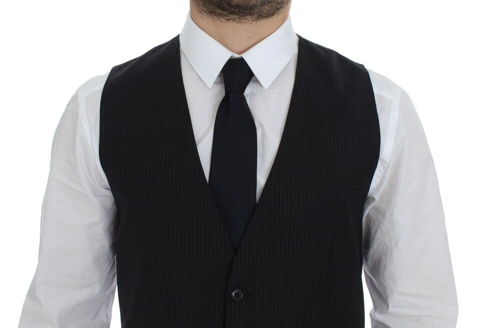 Black Striped Wool Single Breasted Vest