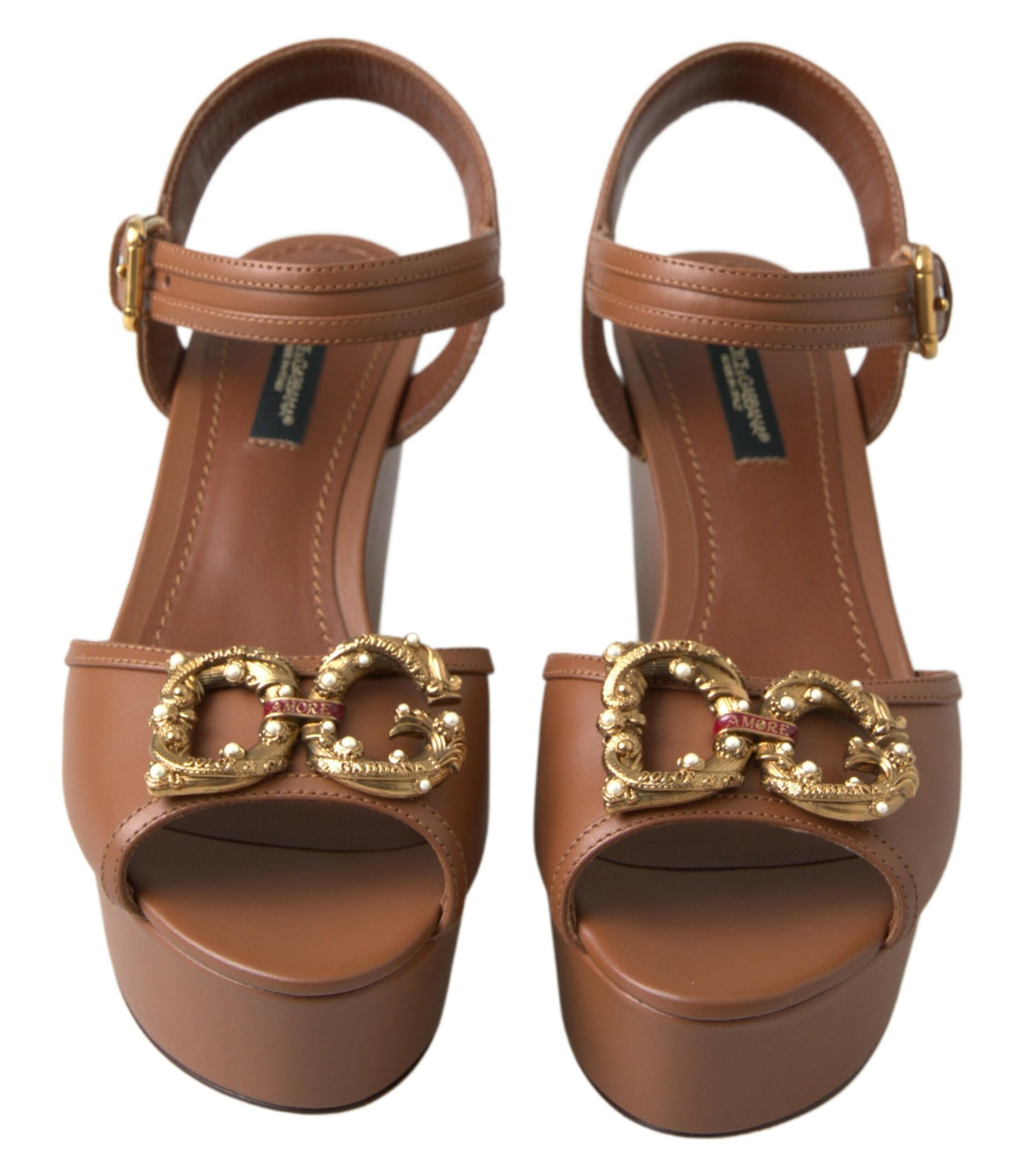 Dolce & Gabbana Brown Leather AMORE Wedges Sandals Shoes