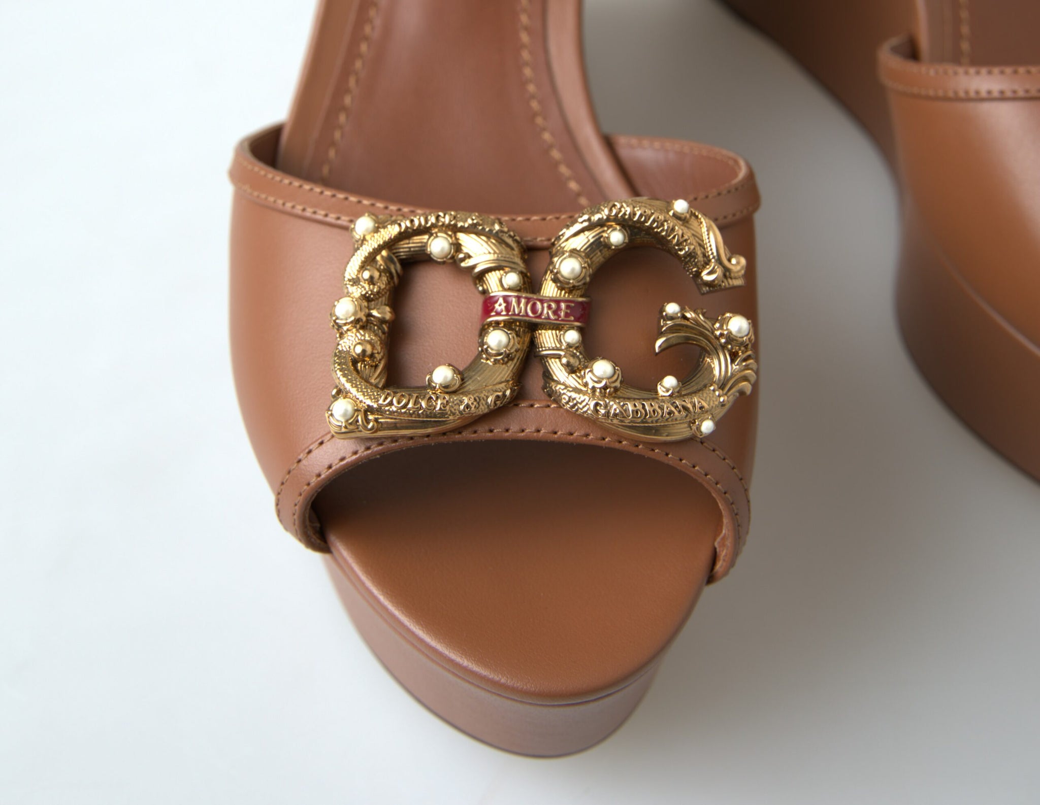 Dolce & Gabbana Brown Leather AMORE Wedges Sandals Shoes