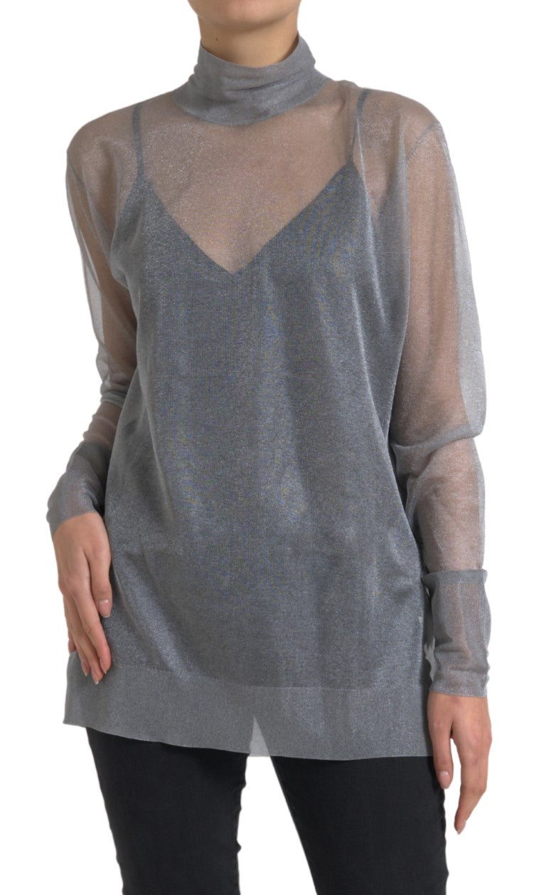 Dolce & Gabbana Gray Mesh Turtleneck Long Sleeve Blouse Top