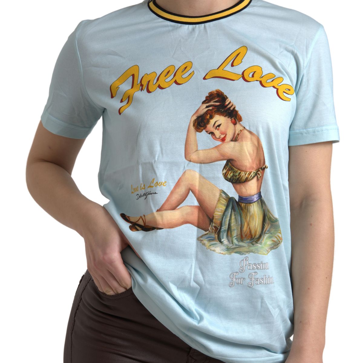 Dolce & Gabbana Light Blue Cotton Free Love Crew Neck T-shirt