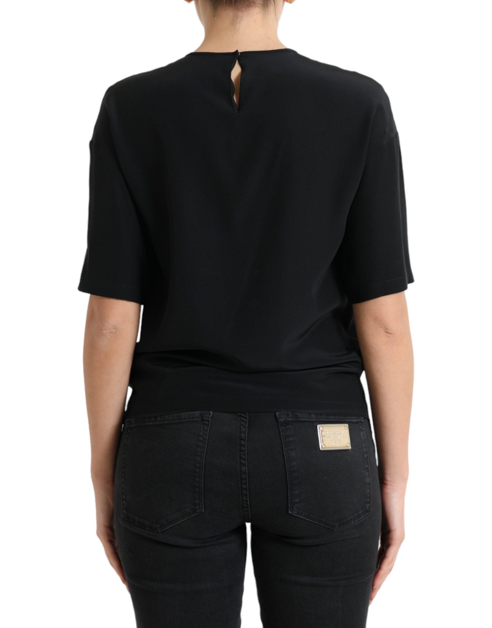 Dolce & Gabbana Black Silk Round Neck Short Sleeve Blouse Top