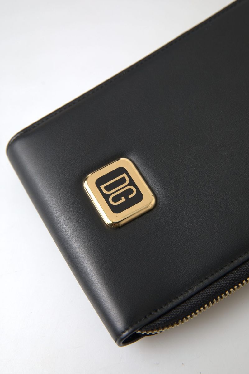 Dolce & Gabbana Black Leather DG Logo Gold Zip Card Holder Men Wallet