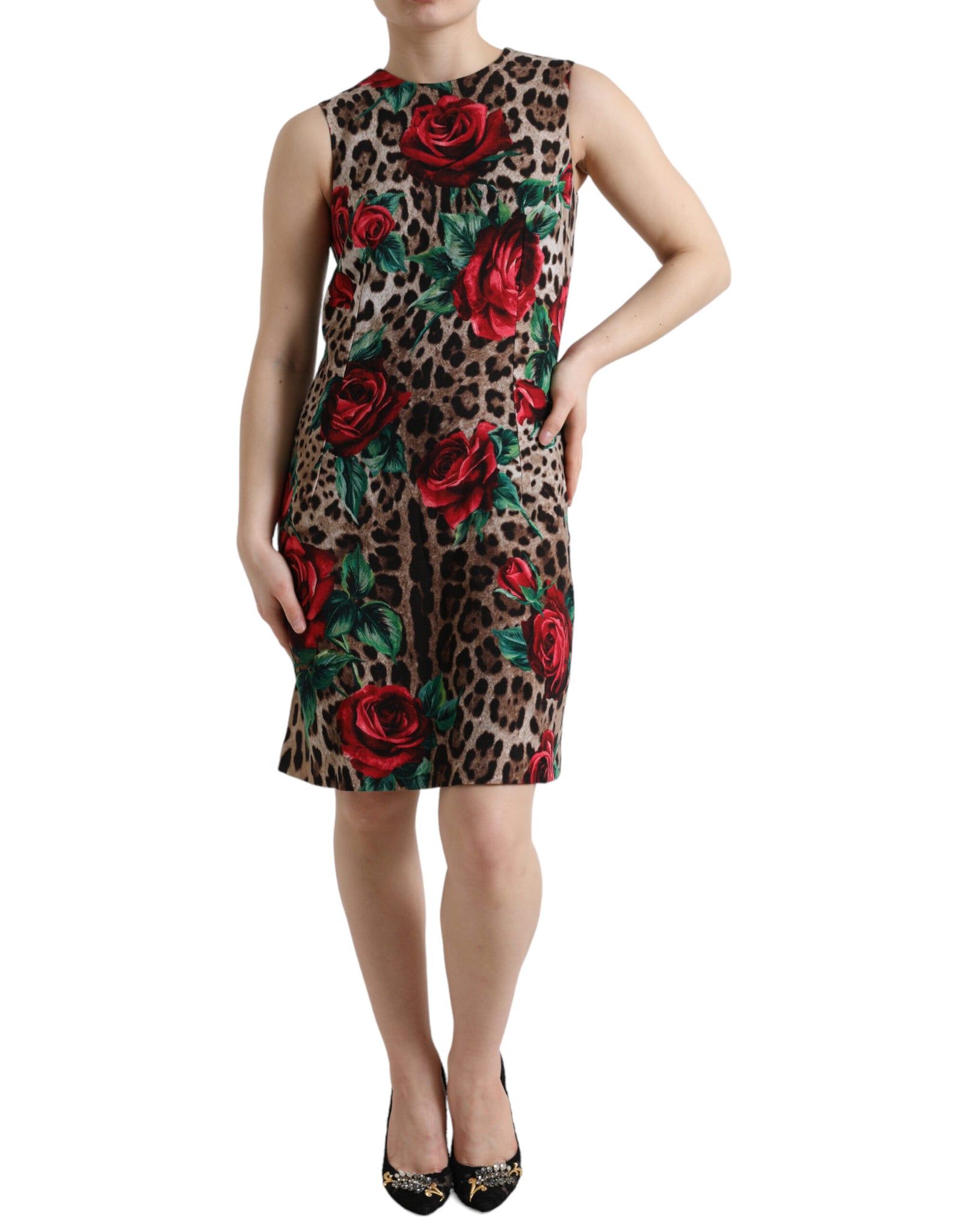 Dolce & Gabbana Brown Leopard Red Roses Wool A-line Dress