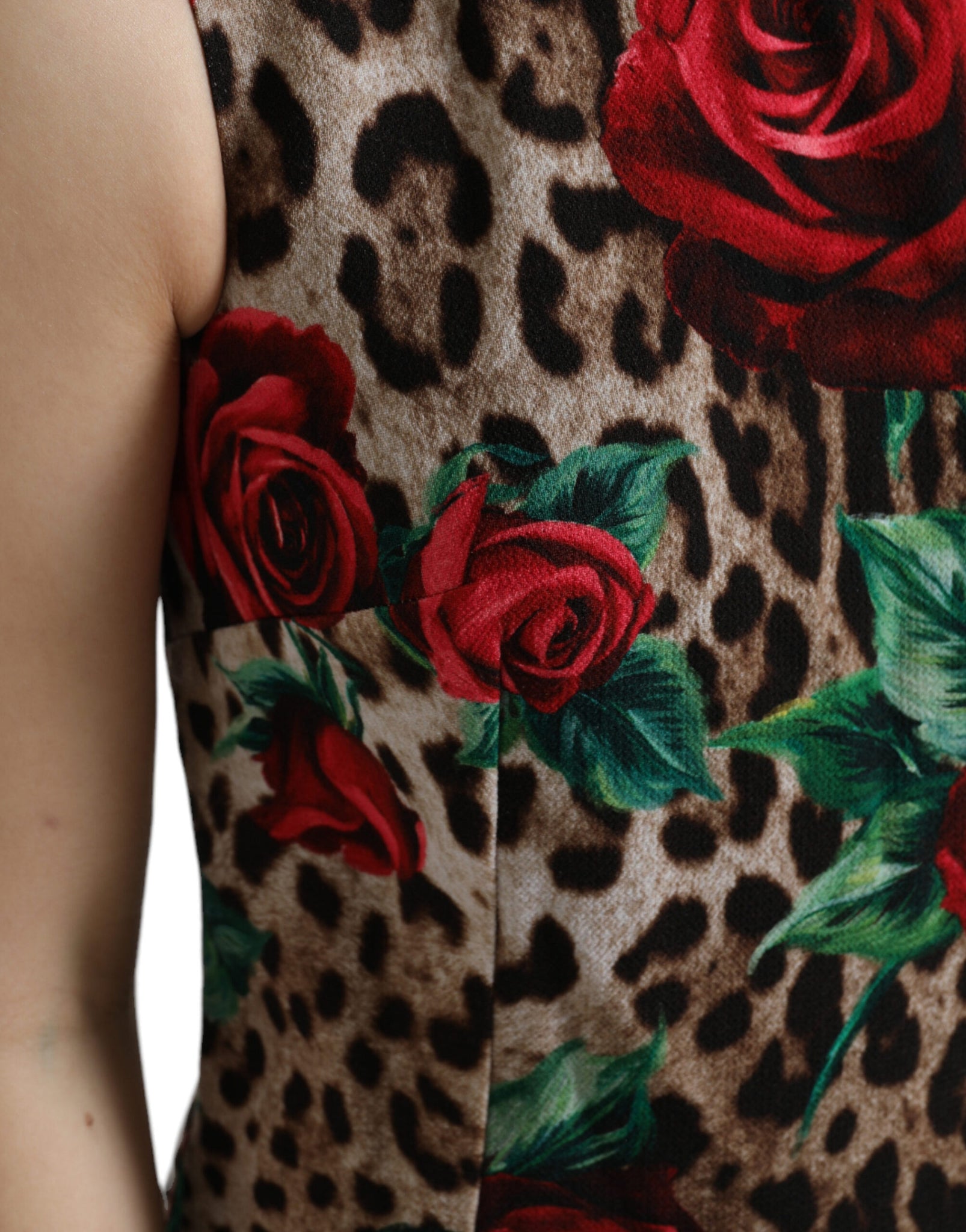 Dolce & Gabbana Brown Leopard Red Roses Wool A-line Dress