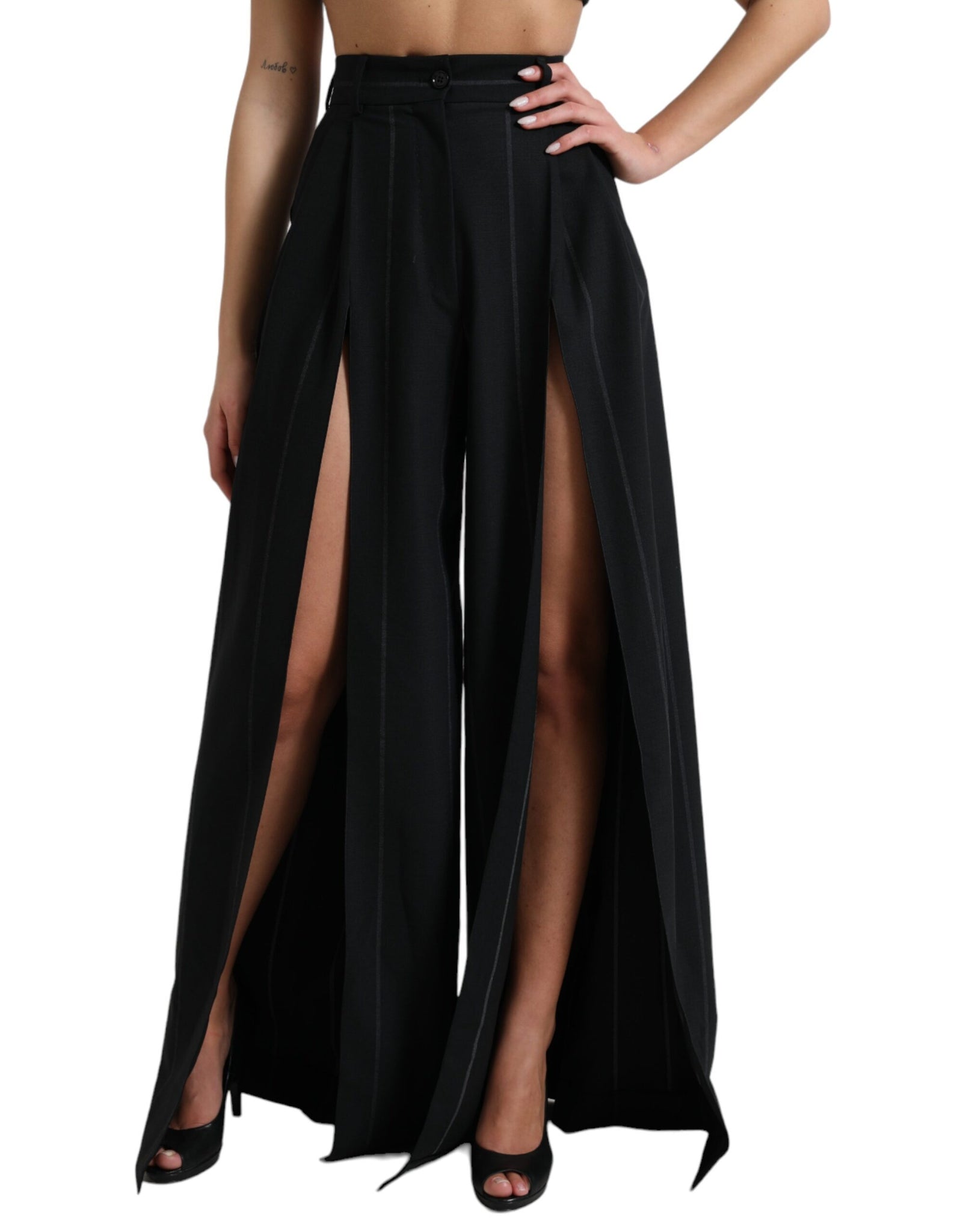 Dolce & Gabbana Black High Waist Front Slit Wide Leg Pants