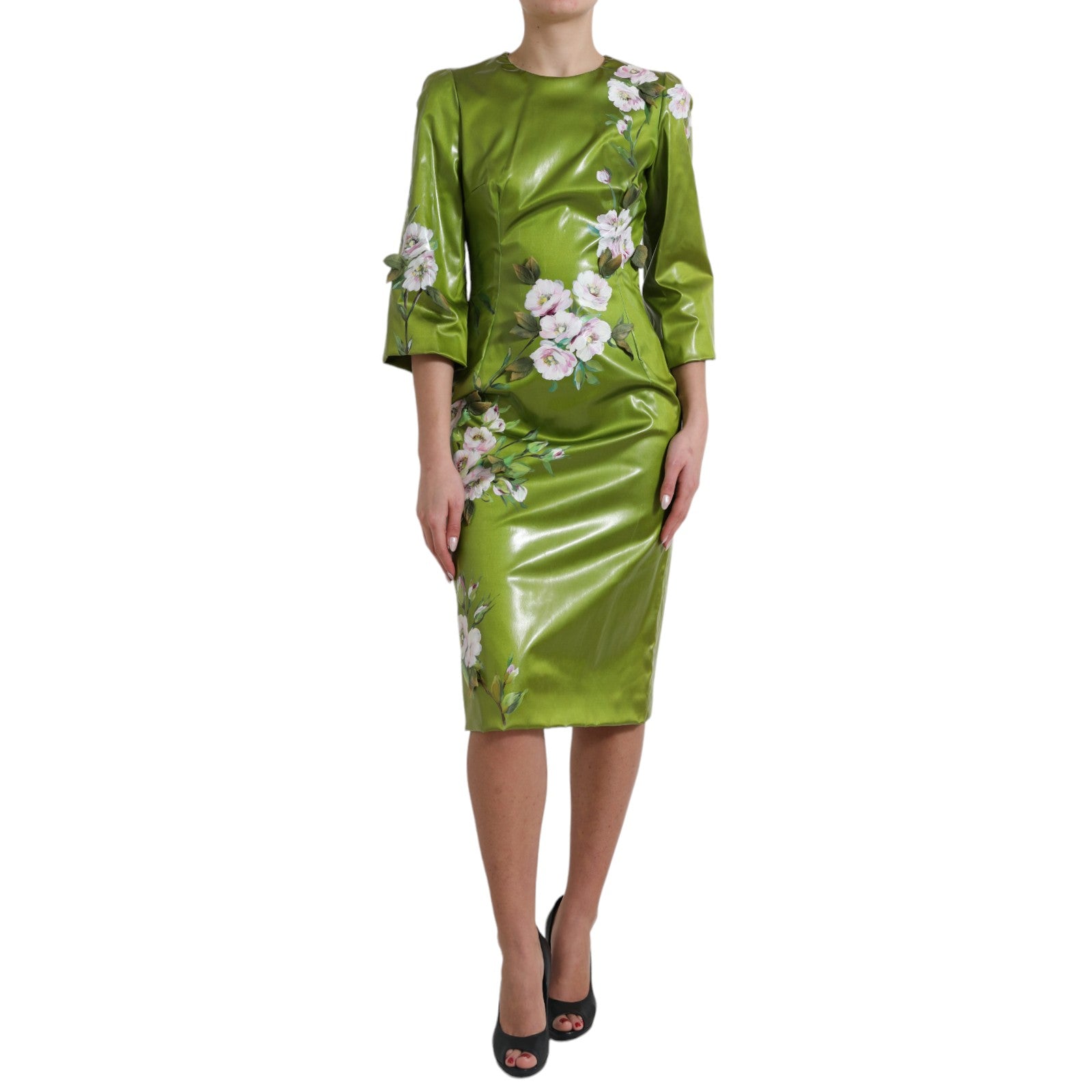 Green Floral Embellished Sheath Midi Dress