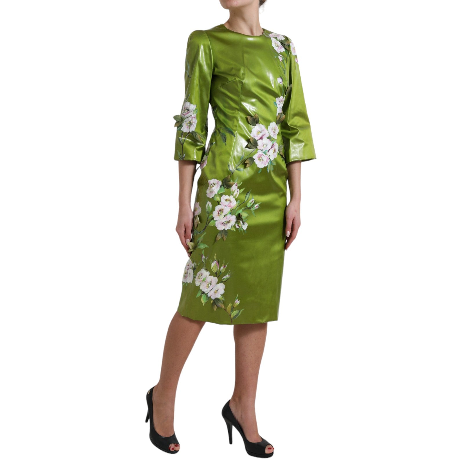 Green Floral Embellished Sheath Midi Dress