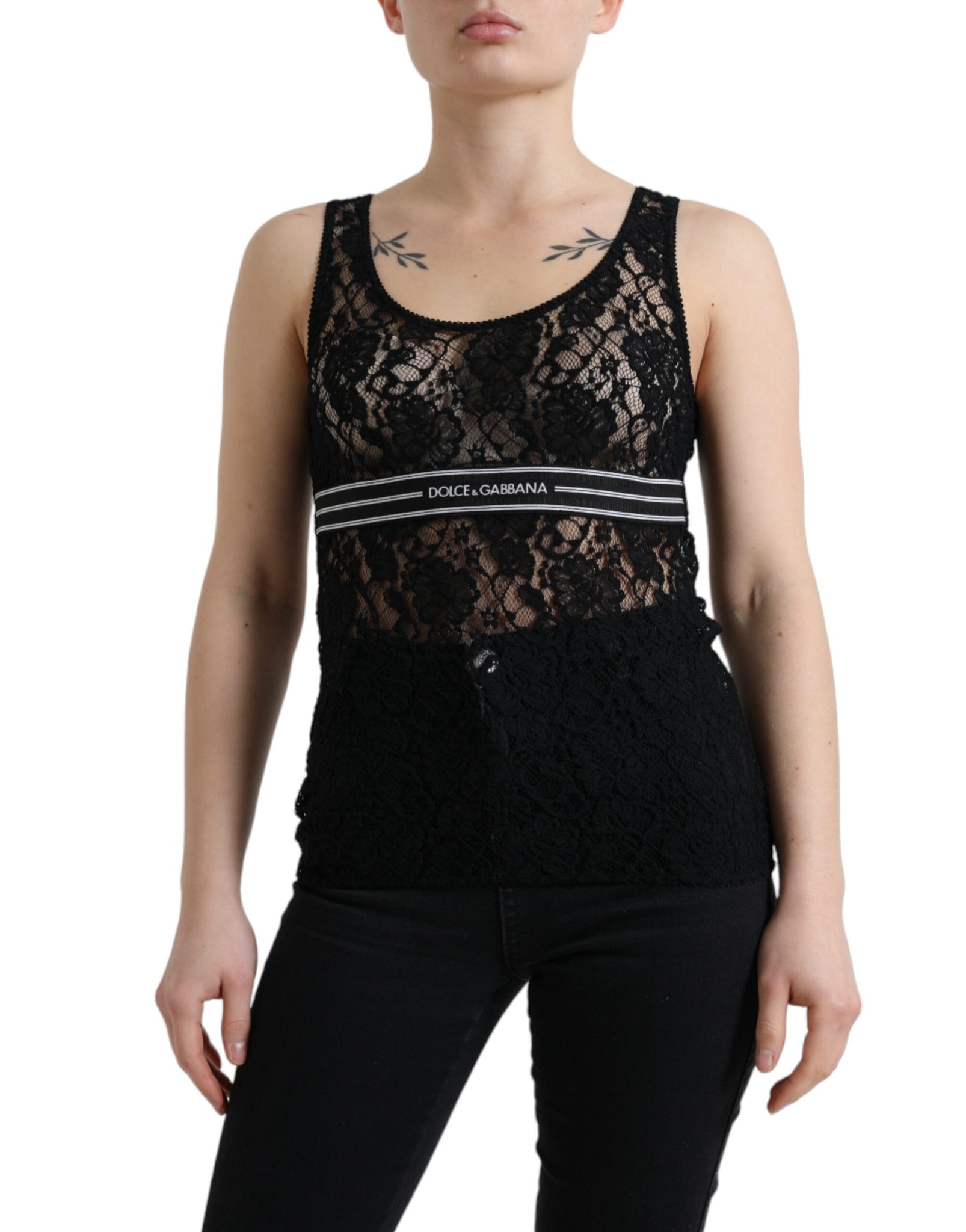 Dolce & Gabbana Black Logo Stripe Lace Sleeveless Tank Top