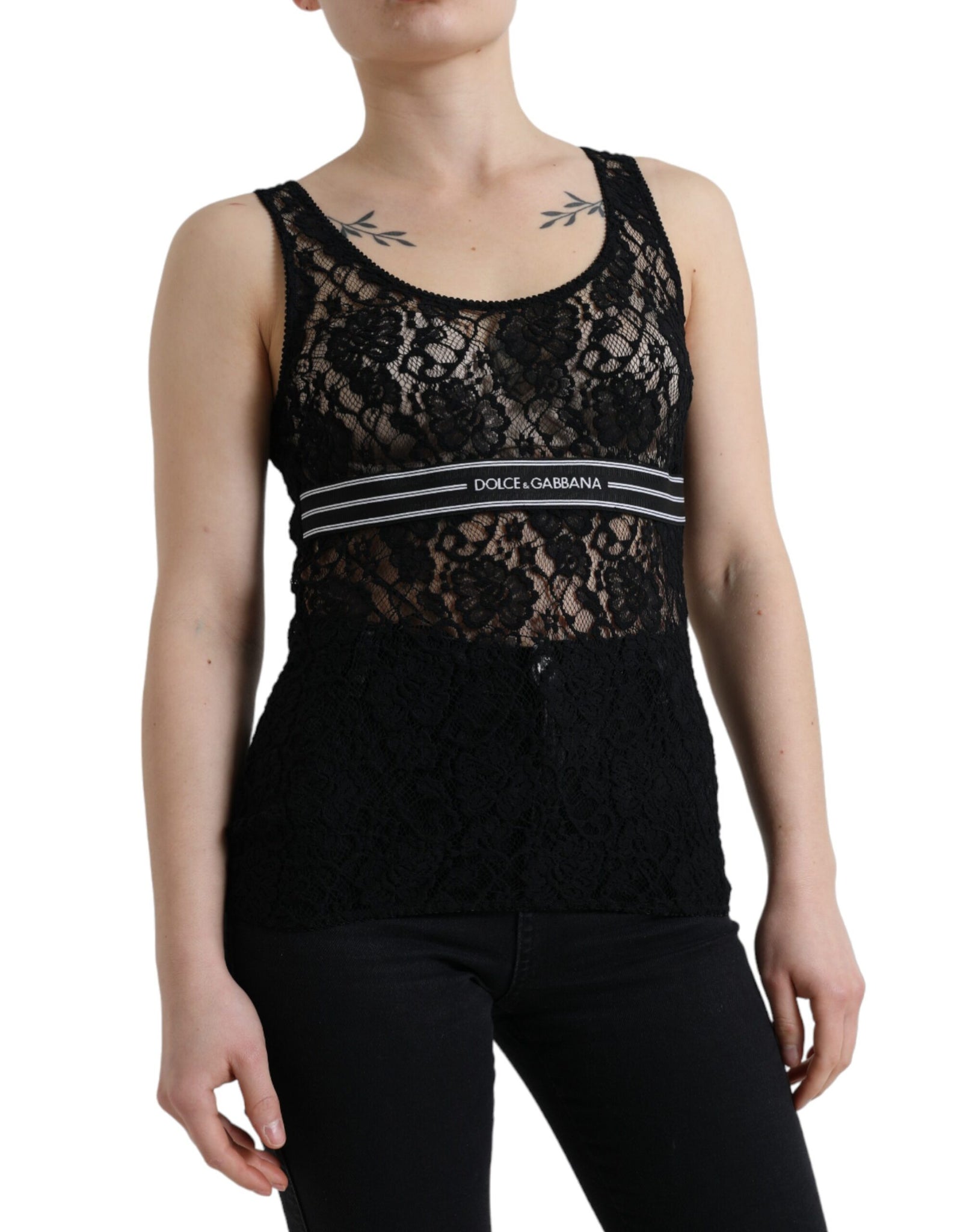 Dolce & Gabbana Black Logo Stripe Lace Sleeveless Tank Top