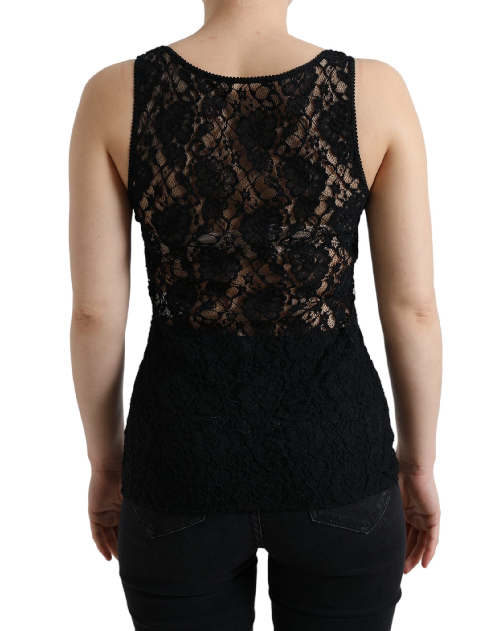 Dolce & Gabbana Black Logo Stripe Lace Sleeveless Tank Top