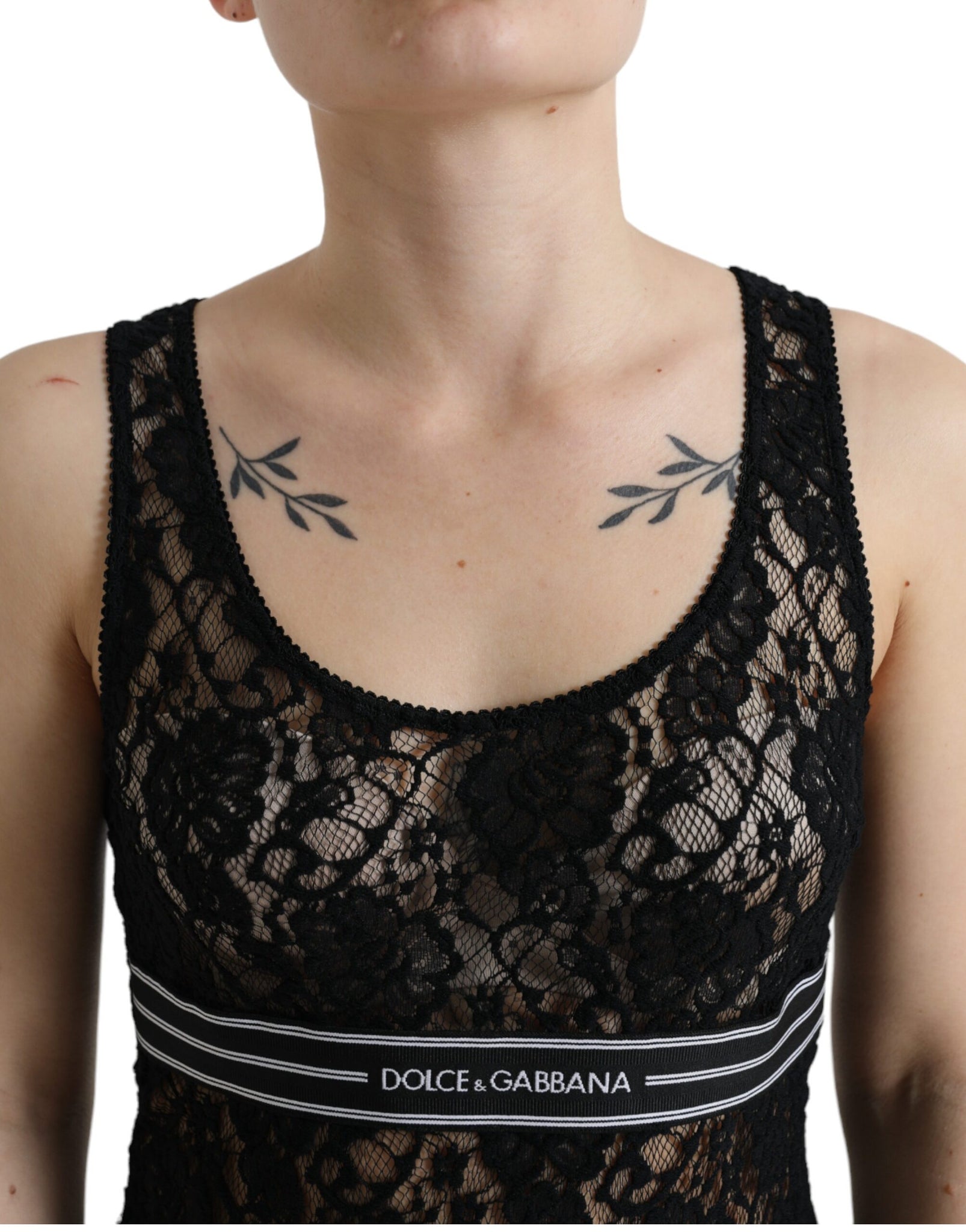 Dolce & Gabbana Black Logo Stripe Lace Sleeveless Tank Top