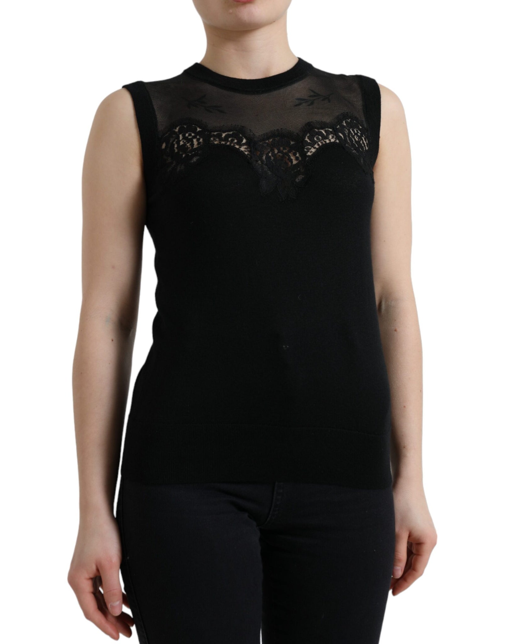 Dolce & Gabbana Black Cashmere Lace Trim Sleeveless Tank Top