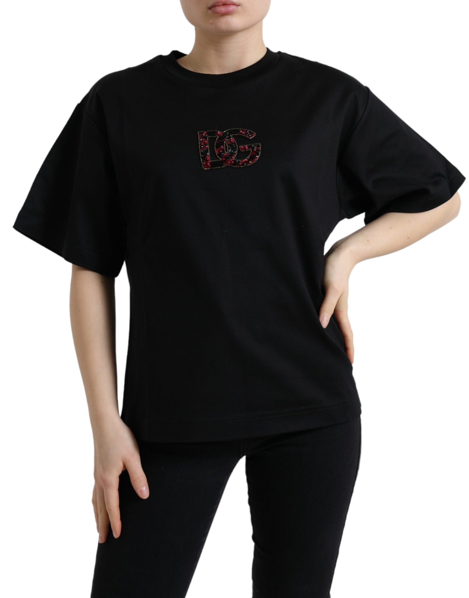 Dolce & Gabbana Black Cotton DG Crystal Crewneck Tee T-shirt