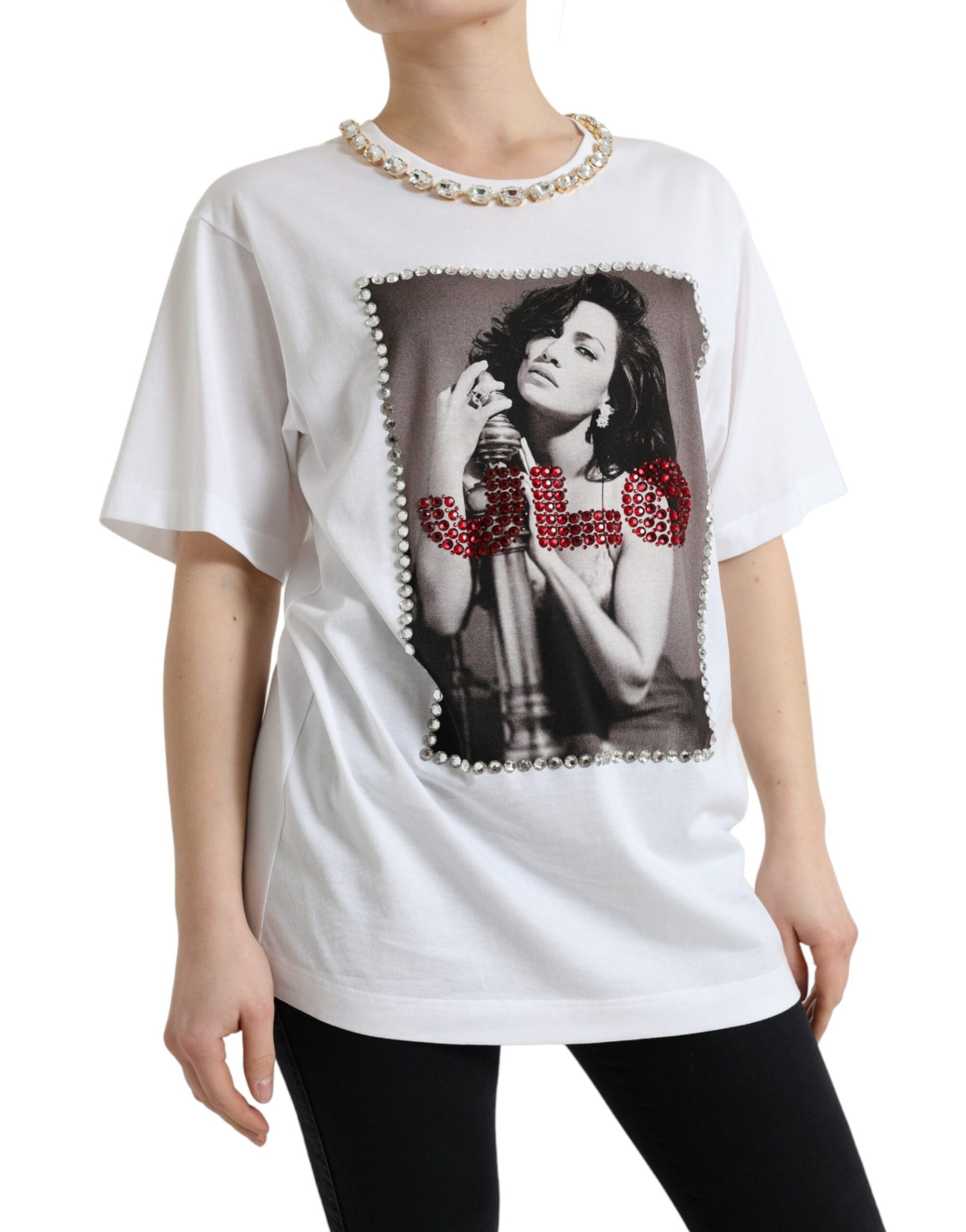 Dolce & Gabbana White Crystal Neckline Print Tee T-shirt