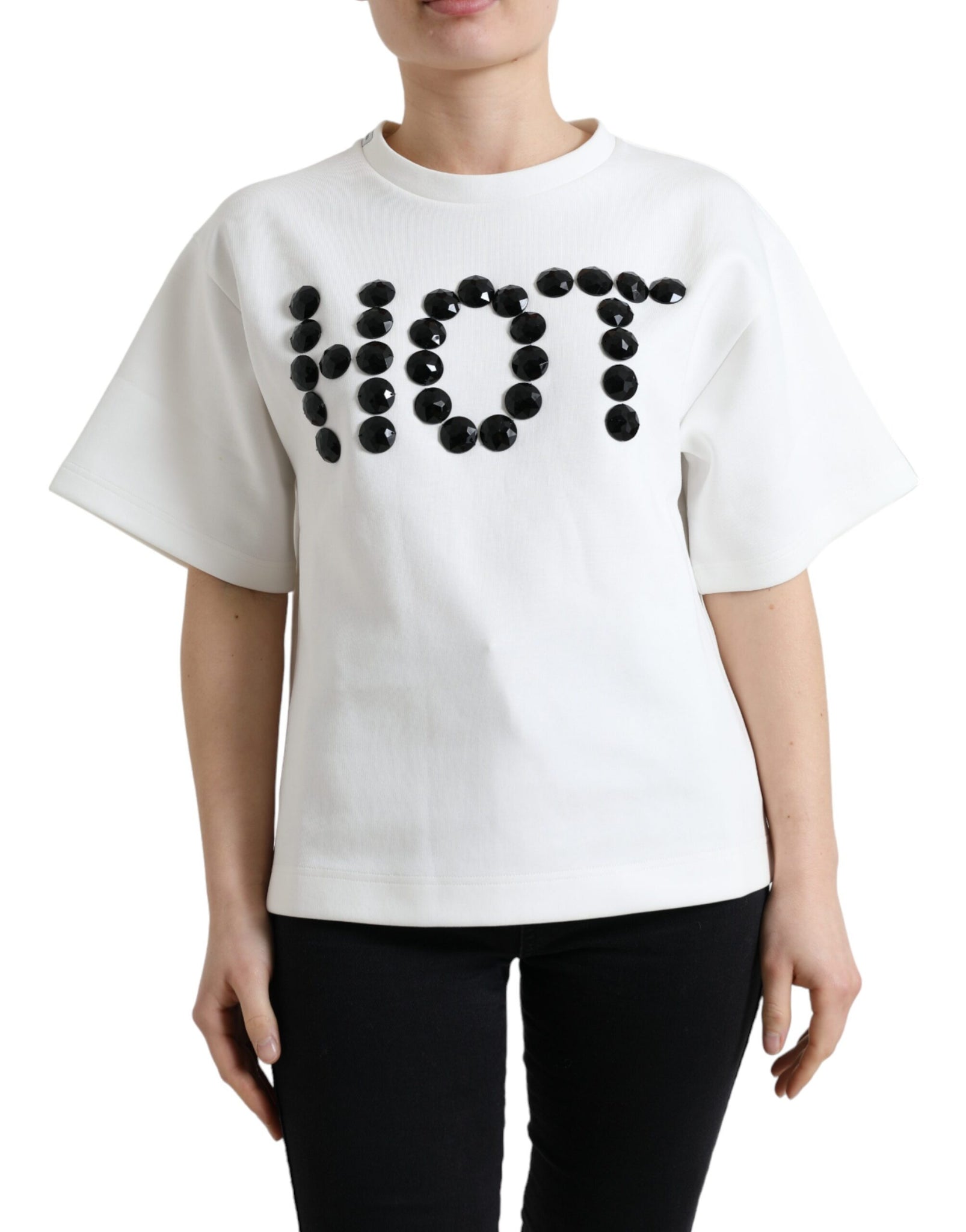 Dolce & Gabbana T-shirt White Cotton Stretch Black HOT Crystal