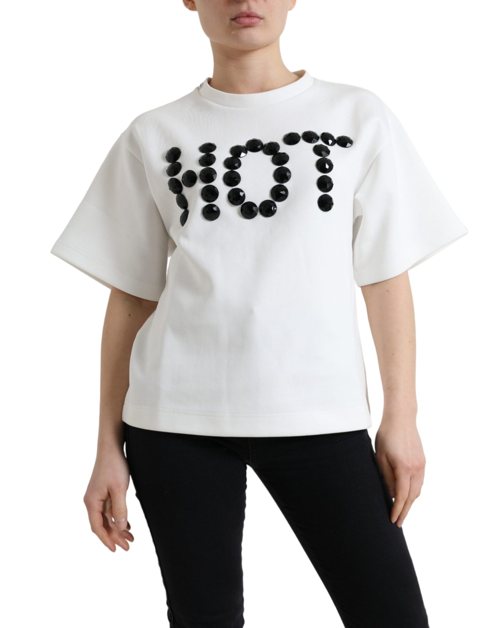 Dolce & Gabbana T-shirt White Cotton Stretch Black HOT Crystal