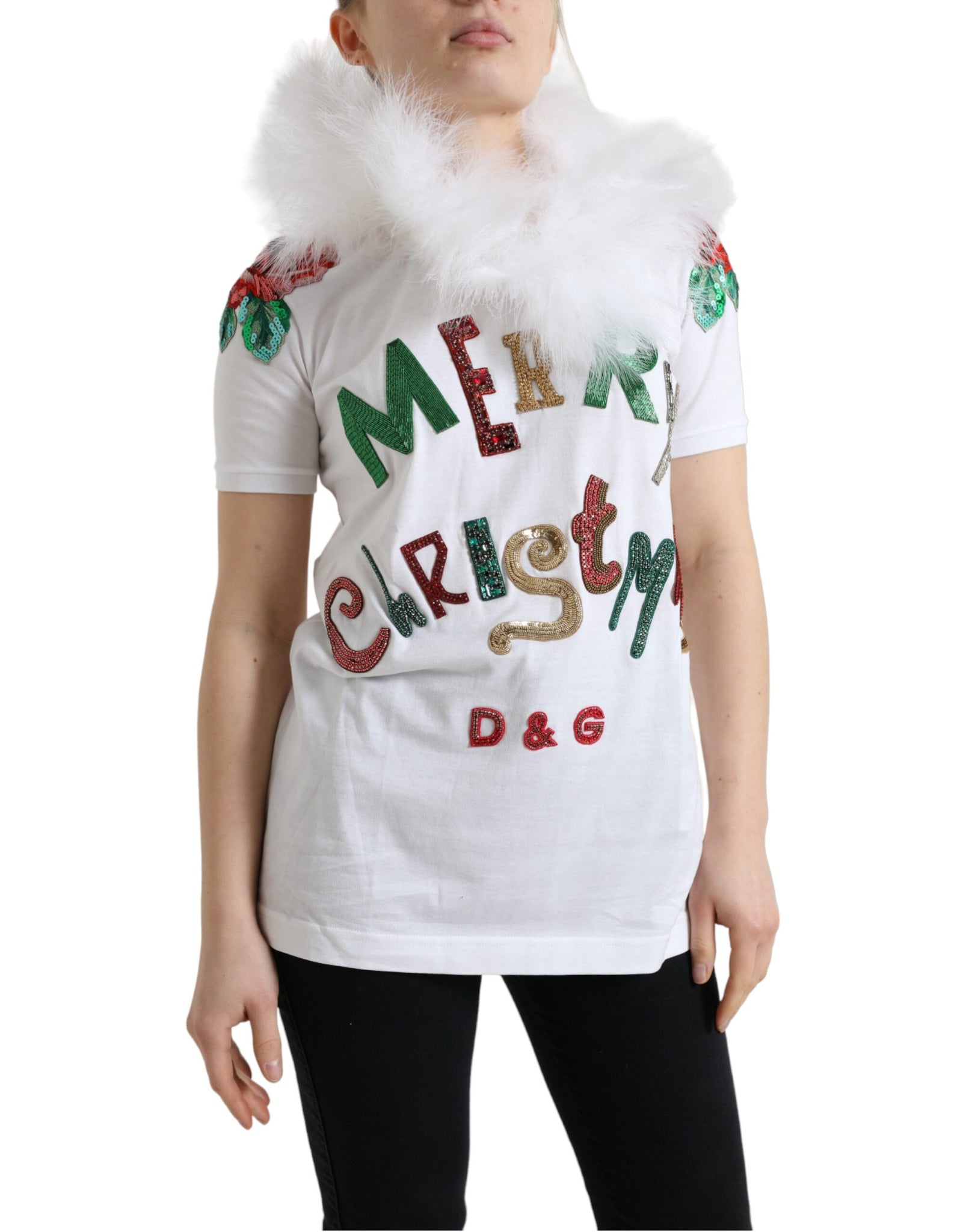 Dolce & Gabbana White Cotton Christmas Sequin Fur T-shirt